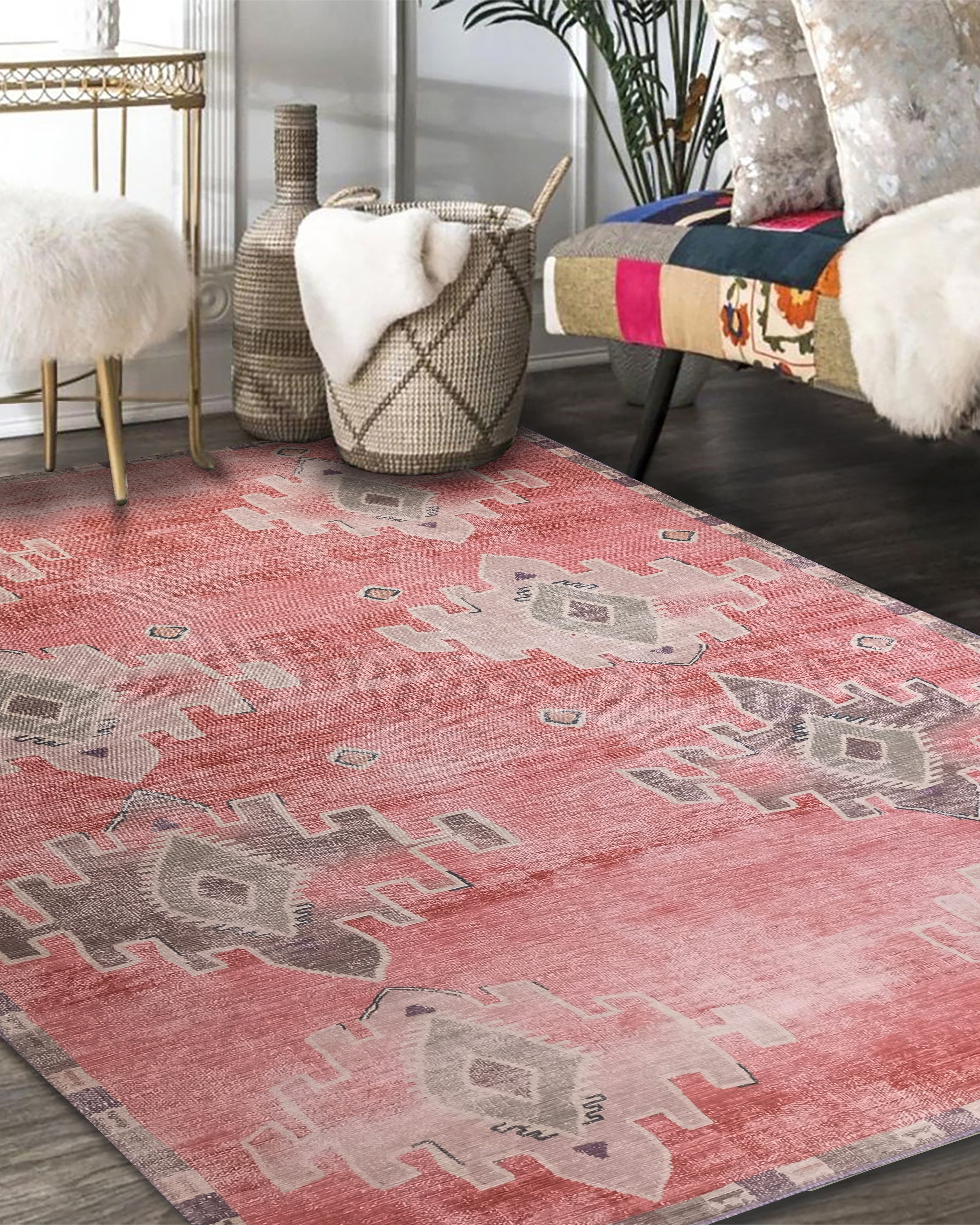 Aurelie Distressed Red Pink Beige Turkish Rug