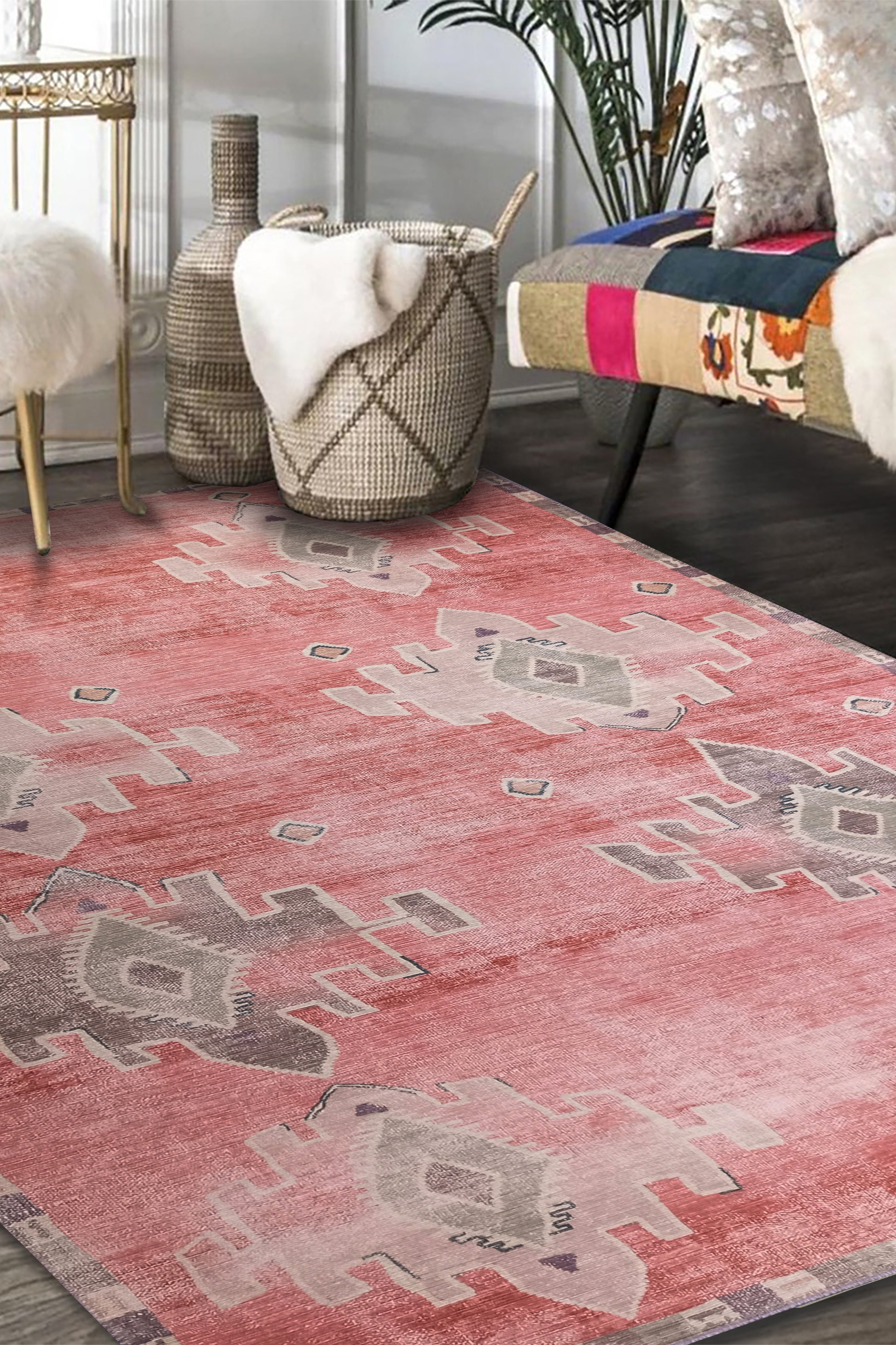 Aurelie Distressed Red Pink Beige Turkish Rug