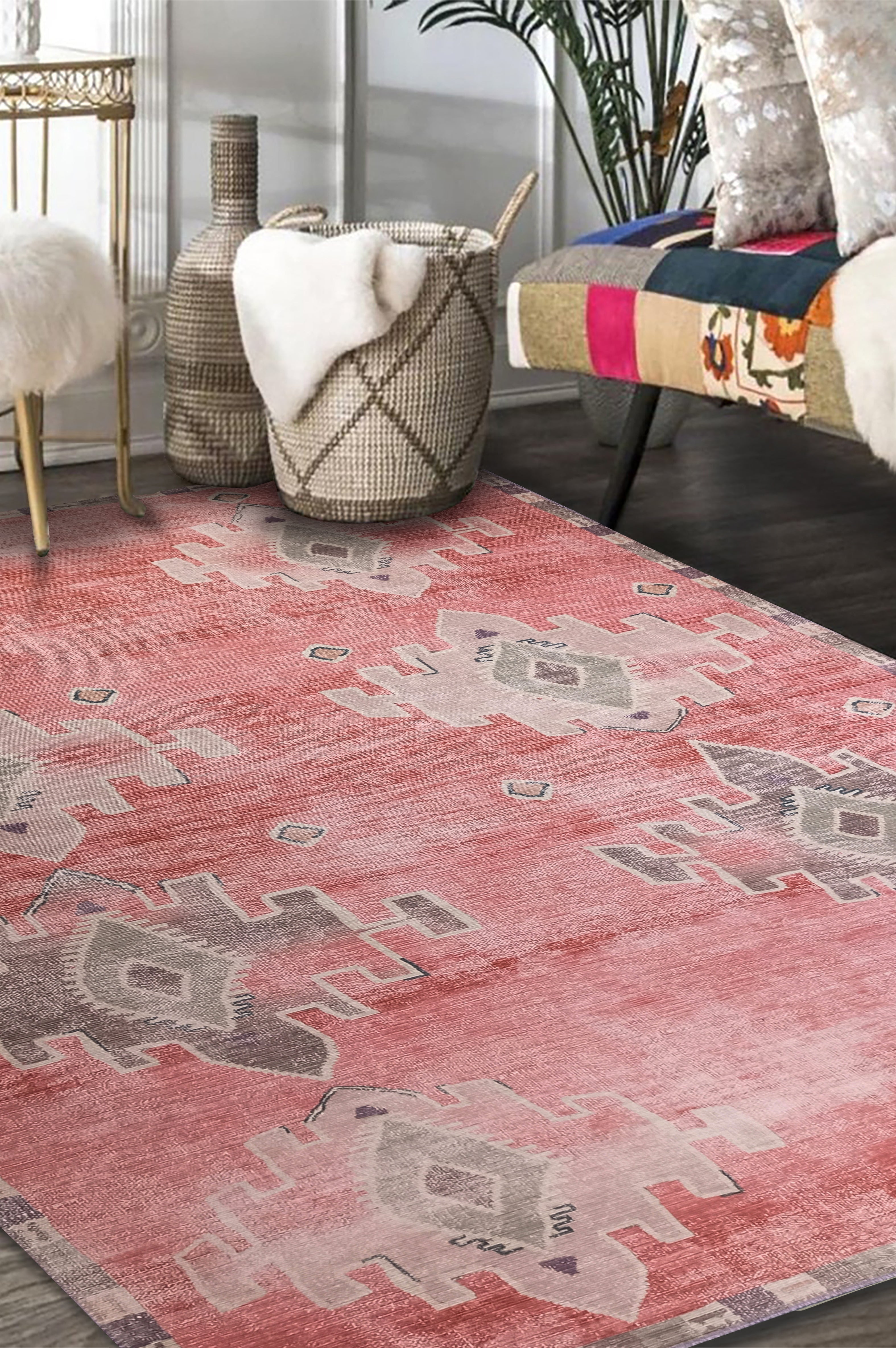 Aurelie Distressed Red Pink Beige Turkish Rug