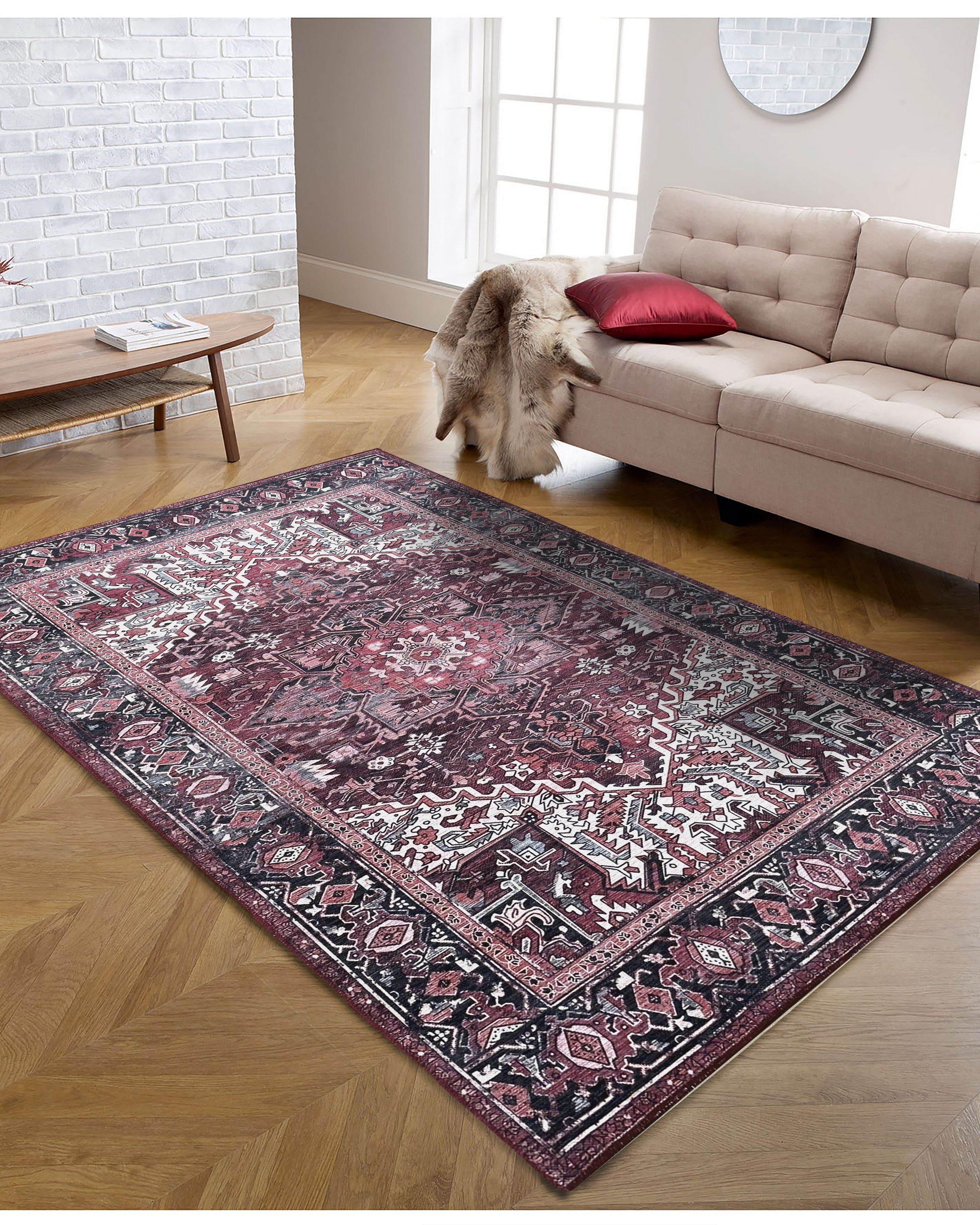Avla Burgundy Red Floral Heriz Persian Rug
