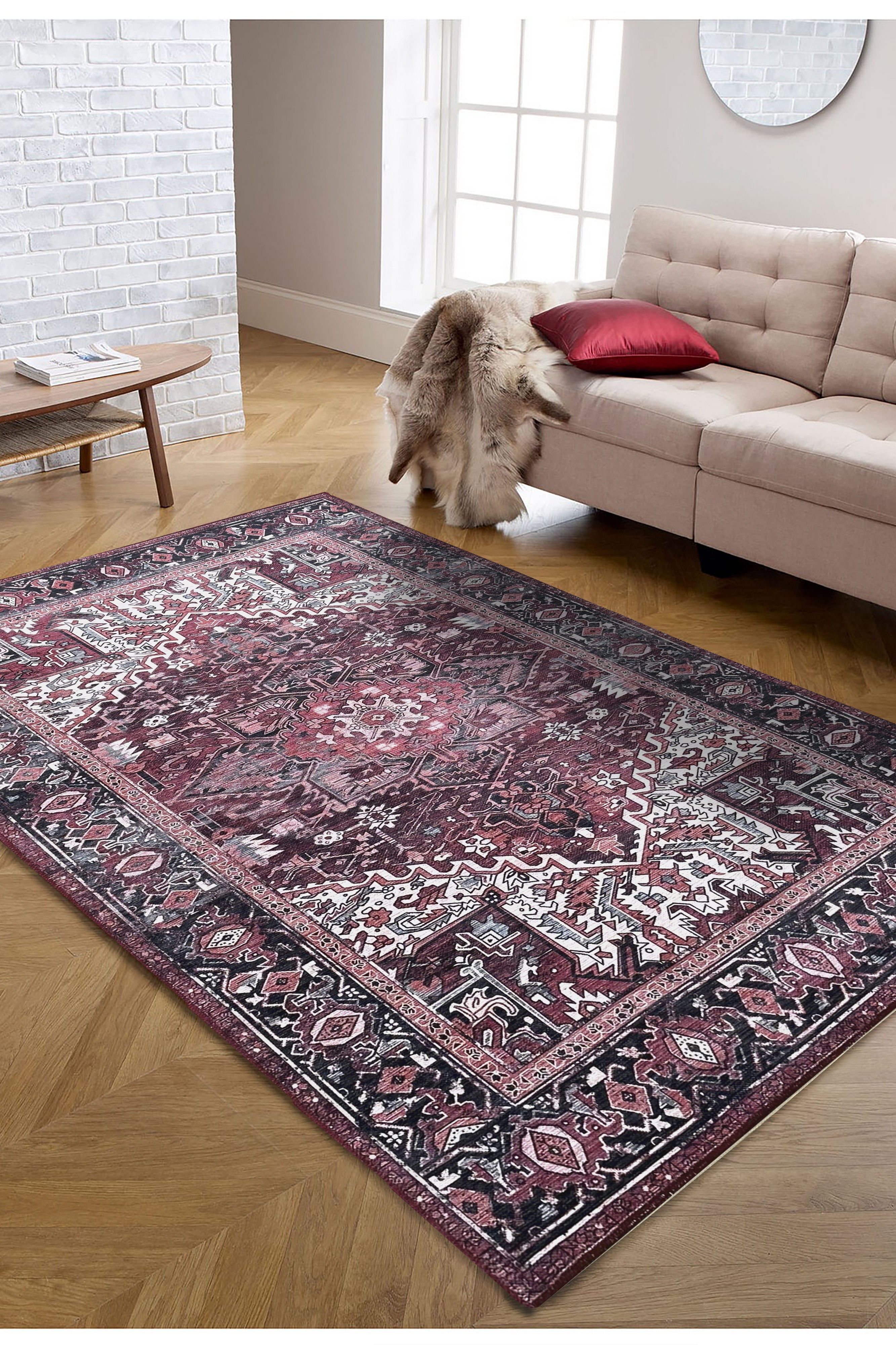 Avla Burgundy Red Floral Heriz Persian Rug