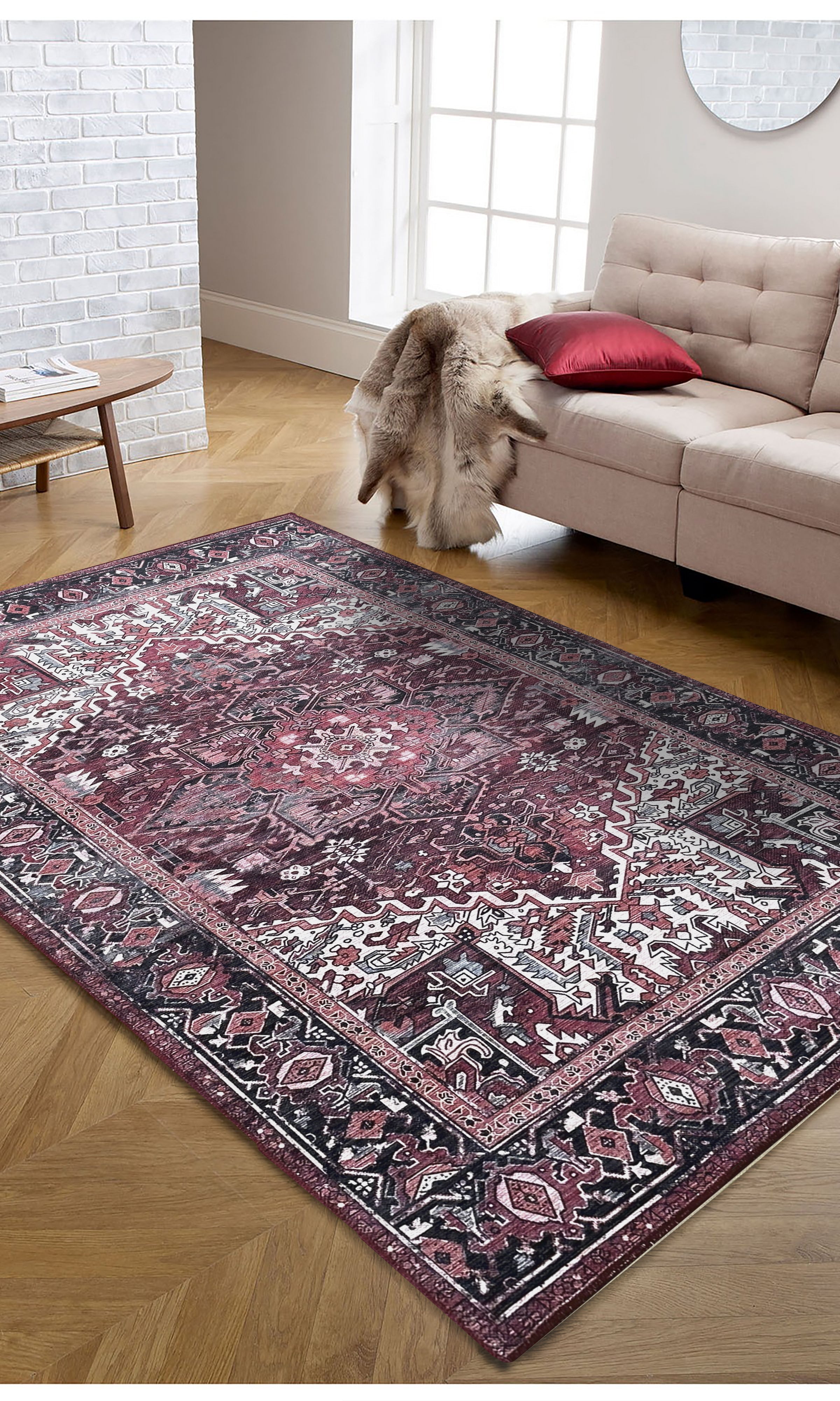 Avla Burgundy Red Floral Heriz Persian Rug