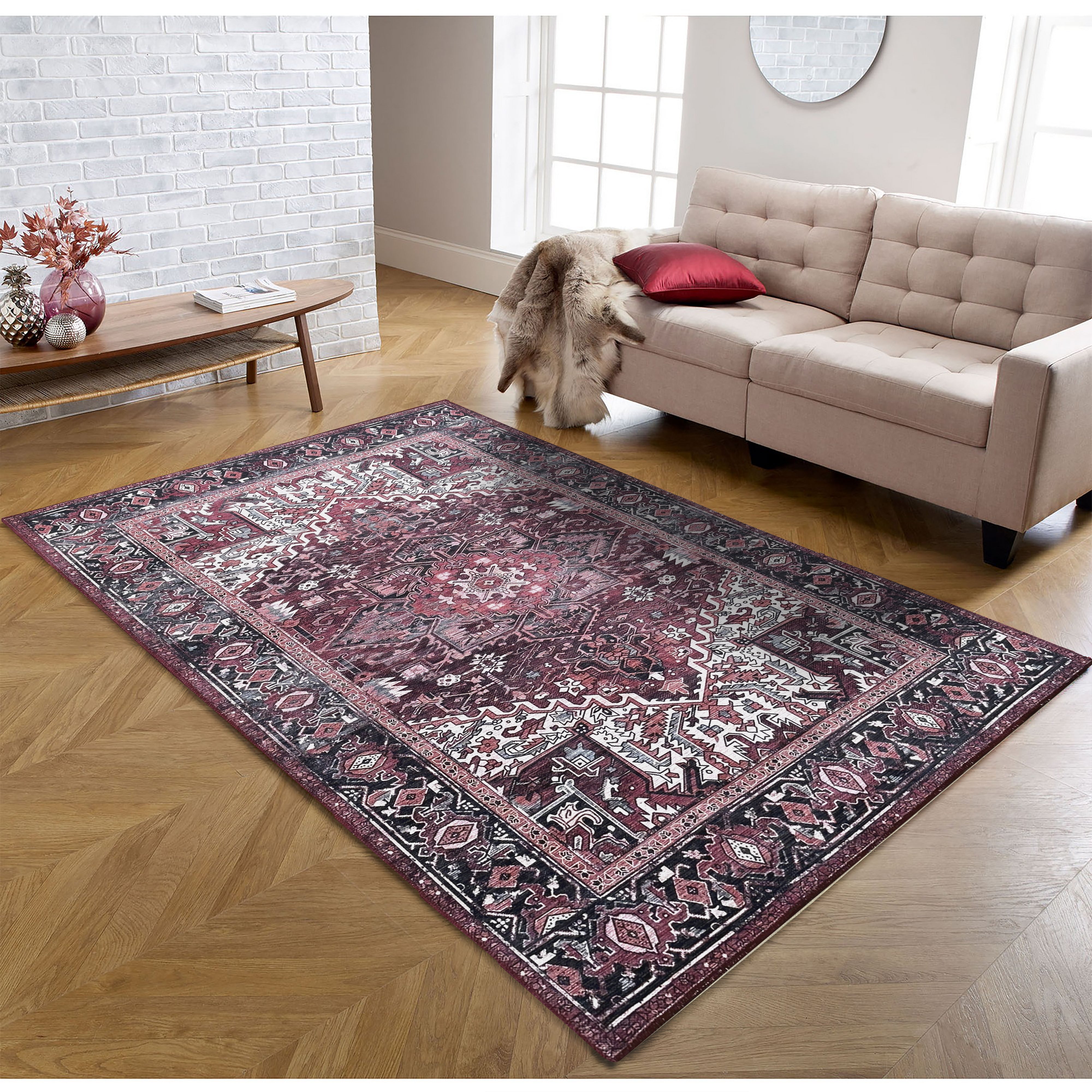 Avla Burgundy Red Floral Heriz Persian Rug