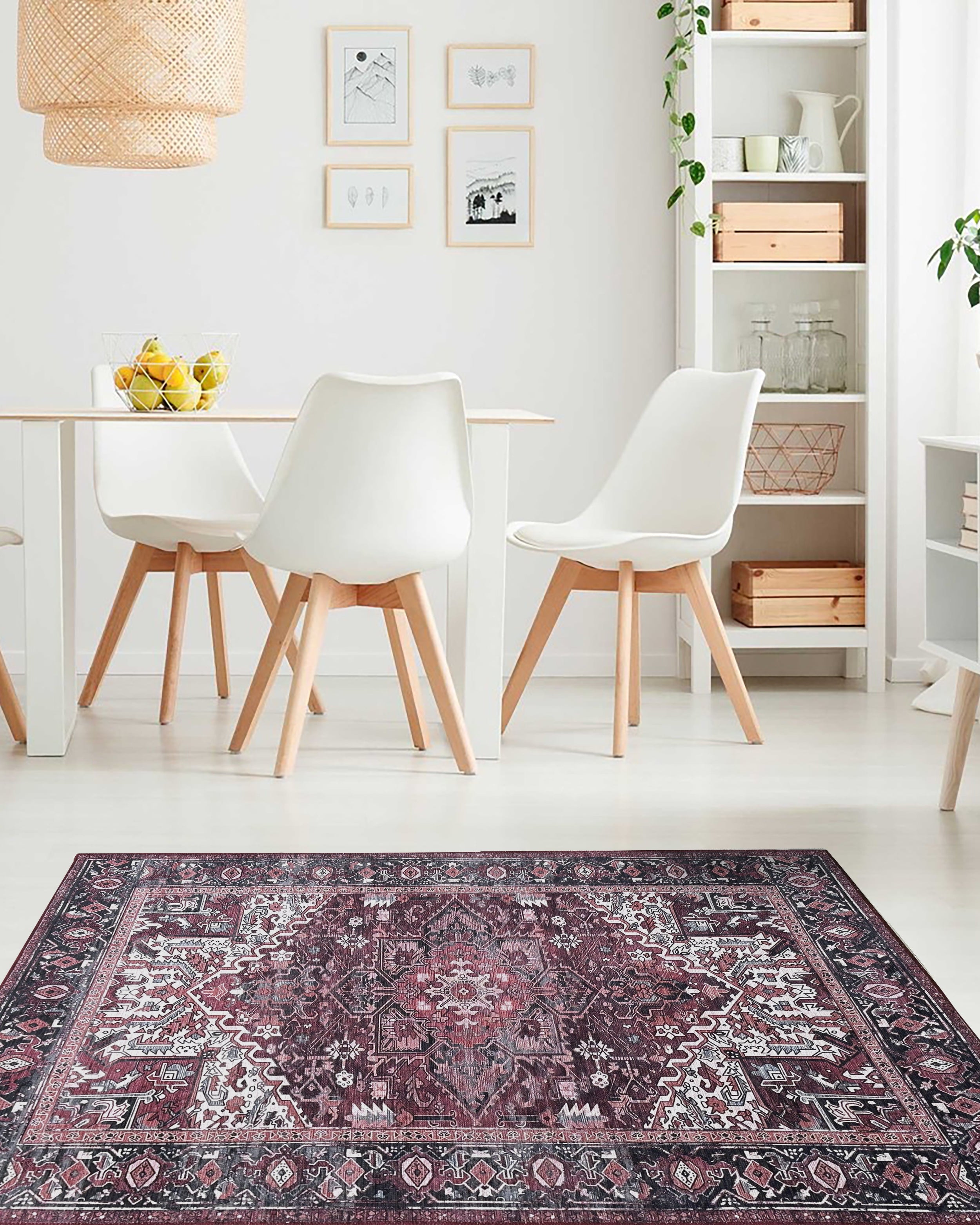 Avla Burgundy Red Floral Heriz Persian Rug