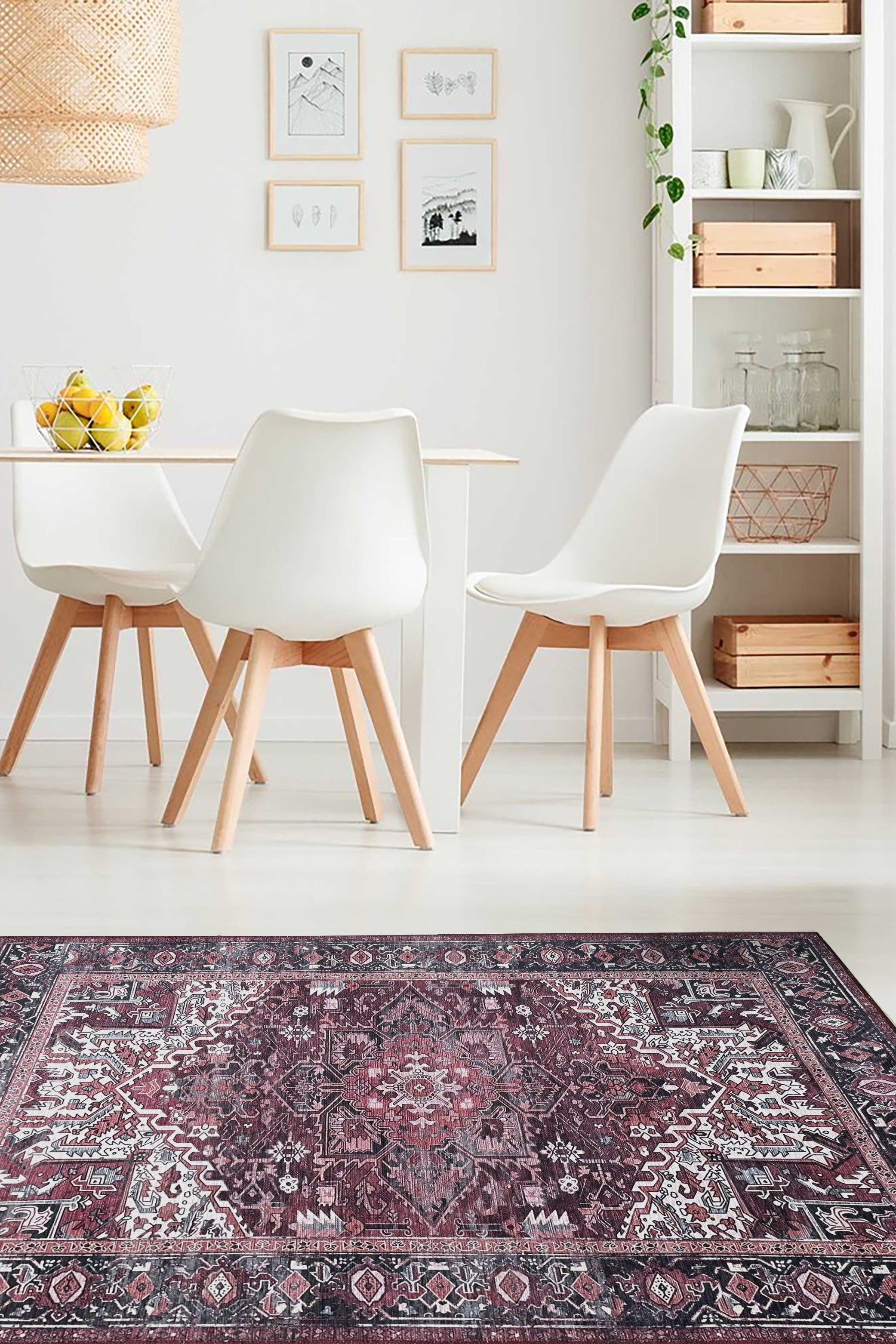 Avla Burgundy Red Floral Heriz Persian Rug