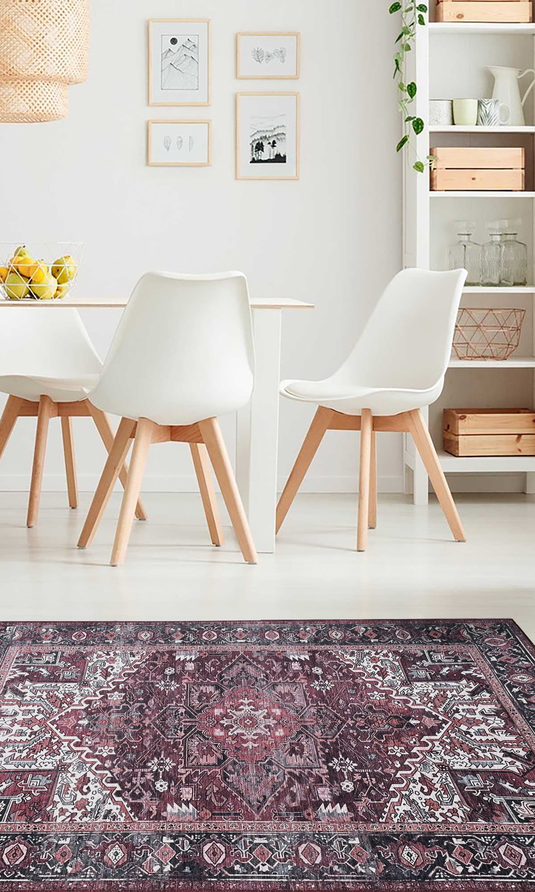 Avla Burgundy Red Floral Heriz Persian Rug