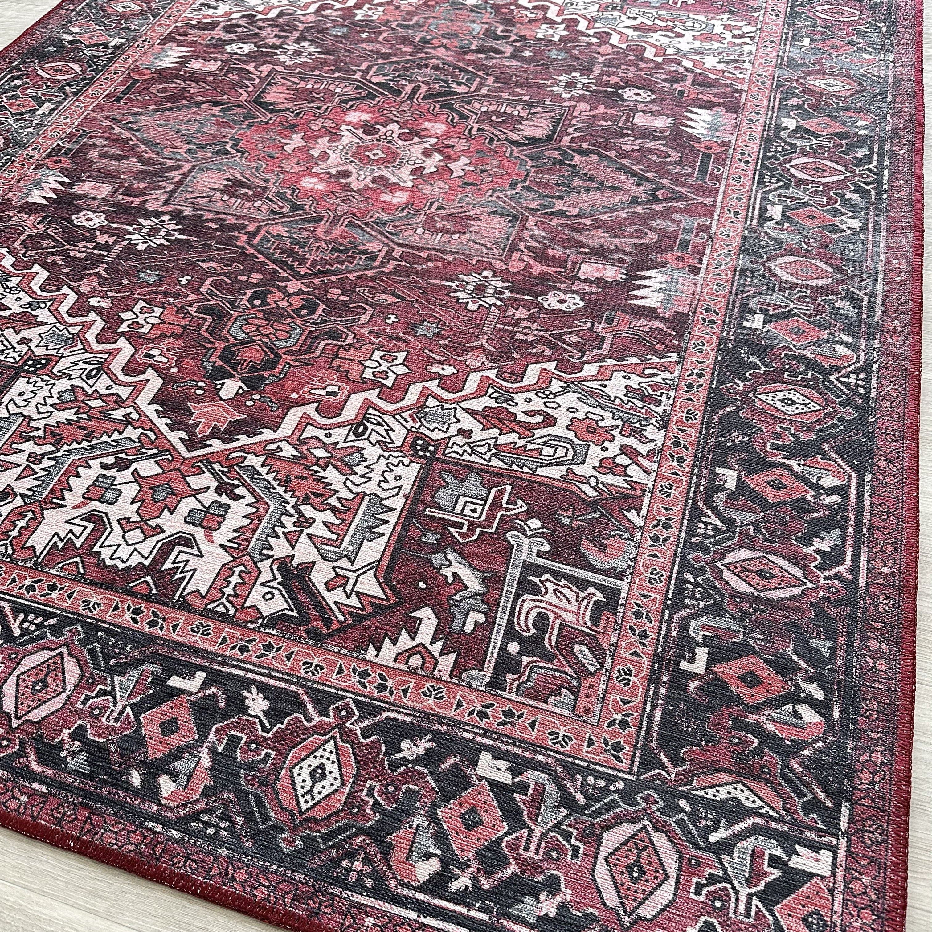 Avla Burgundy Red Floral Heriz Persian Rug