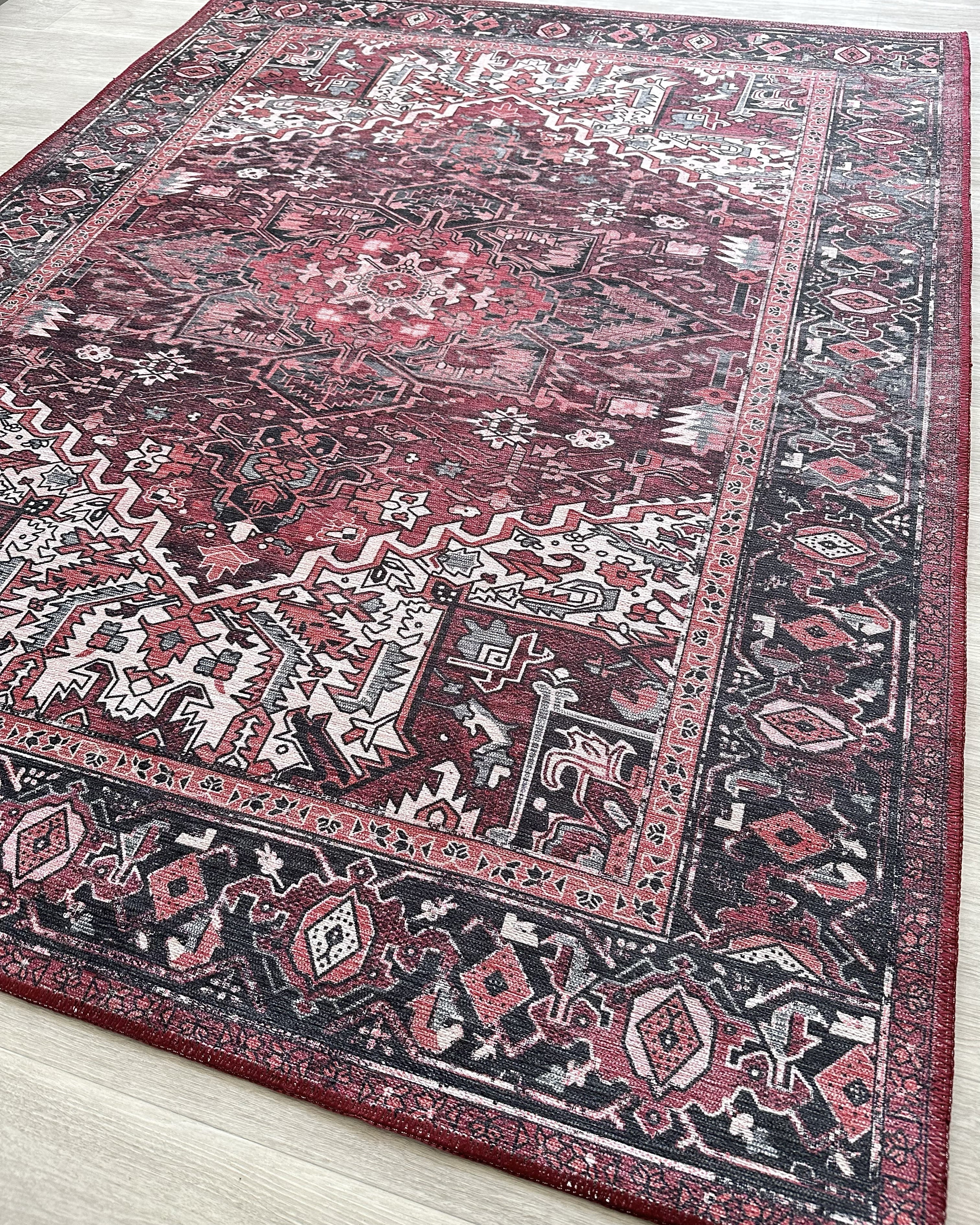 Avla Burgundy Red Floral Heriz Persian Rug