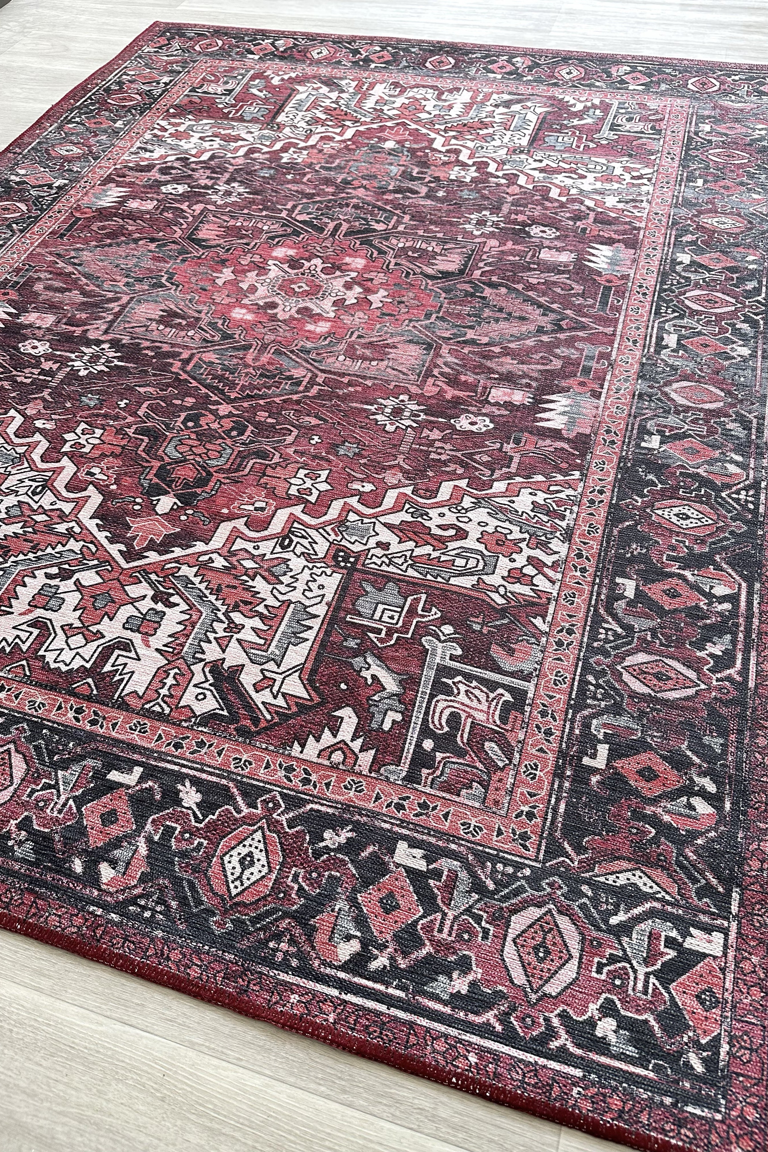 Avla Burgundy Red Floral Heriz Persian Rug