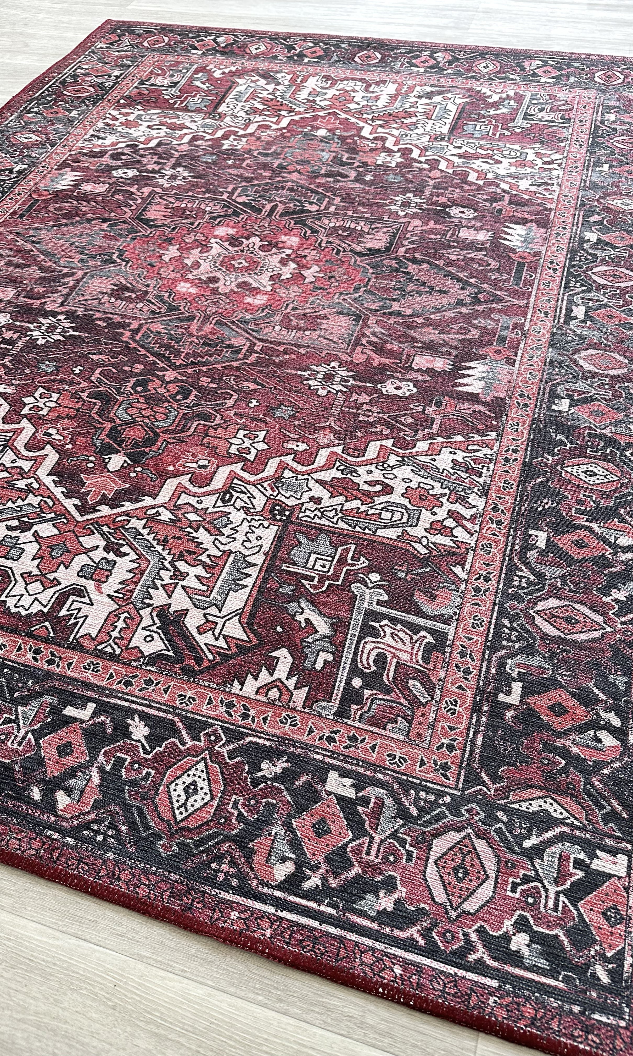 Avla Burgundy Red Floral Heriz Persian Rug