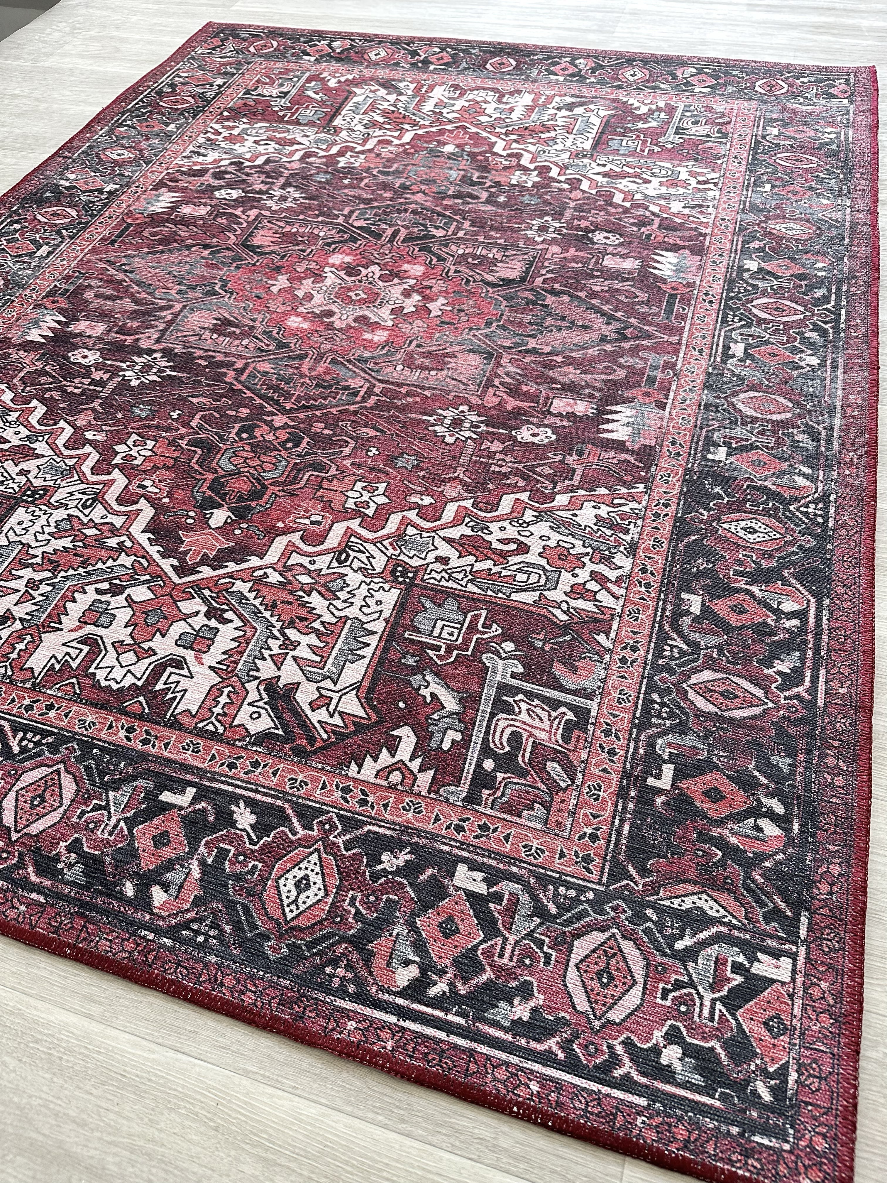 Avla Burgundy Red Floral Heriz Persian Rug