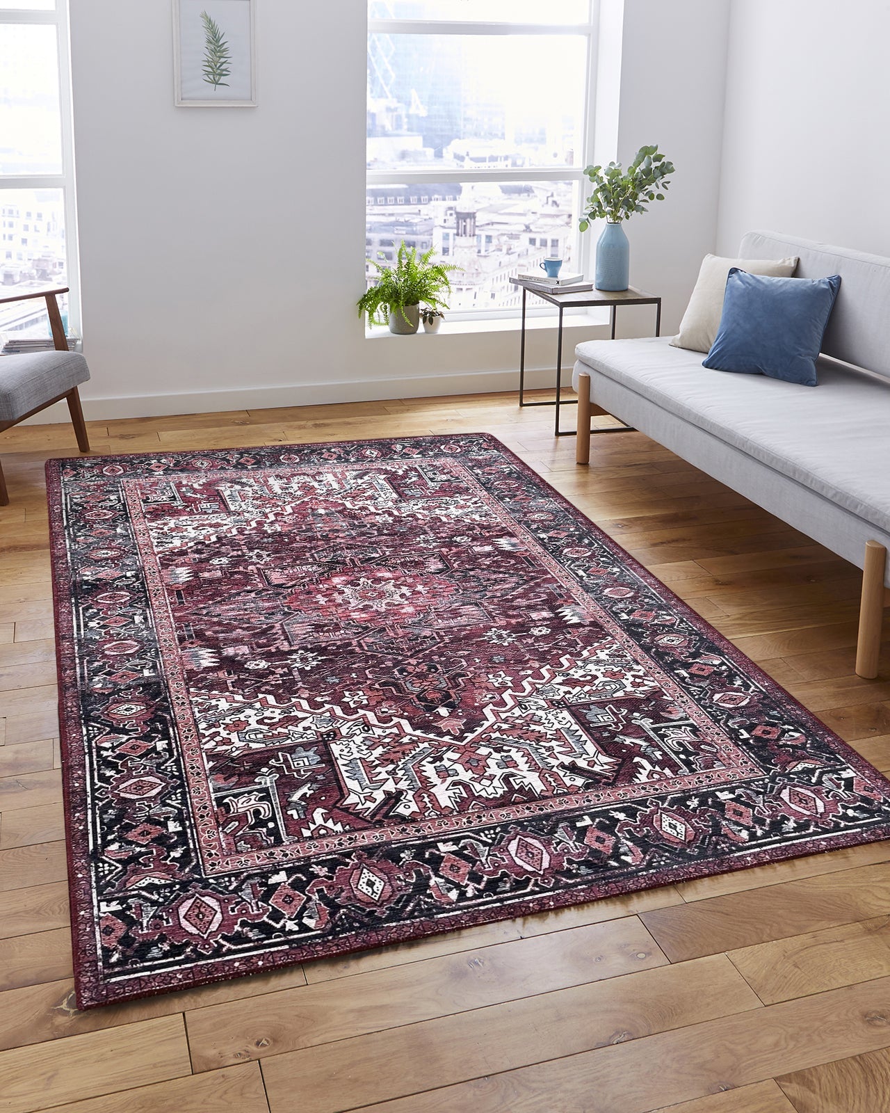 Avla Burgundy Red Floral Heriz Persian Rug