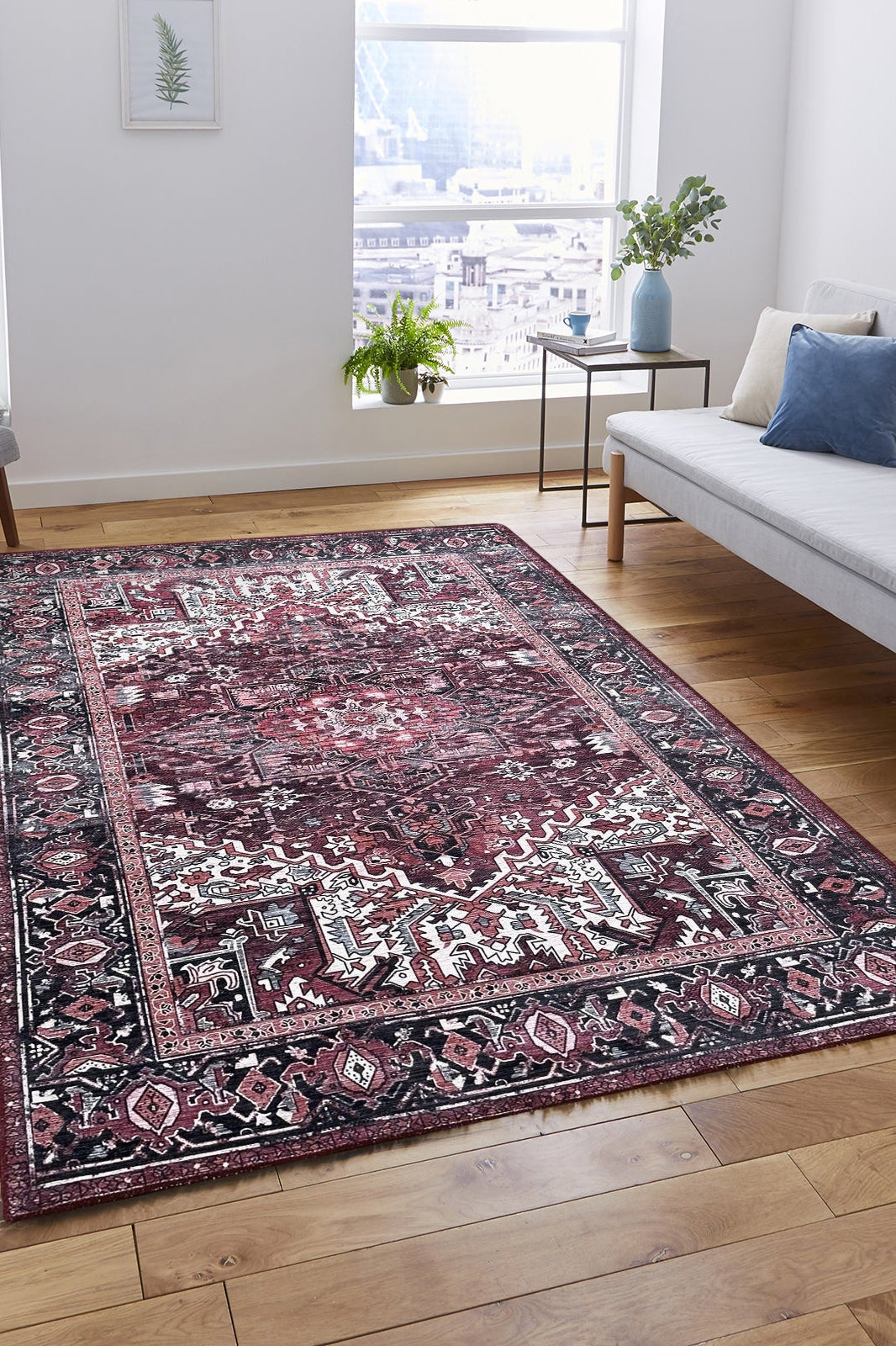 Avla Burgundy Red Floral Heriz Persian Rug