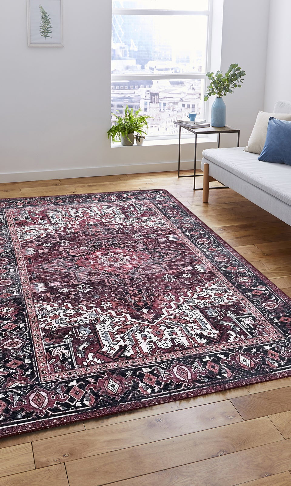 Avla Burgundy Red Floral Heriz Persian Rug