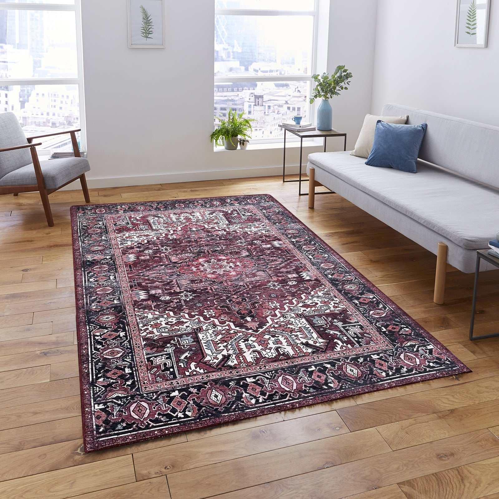Avla Burgundy Red Floral Heriz Persian Rug