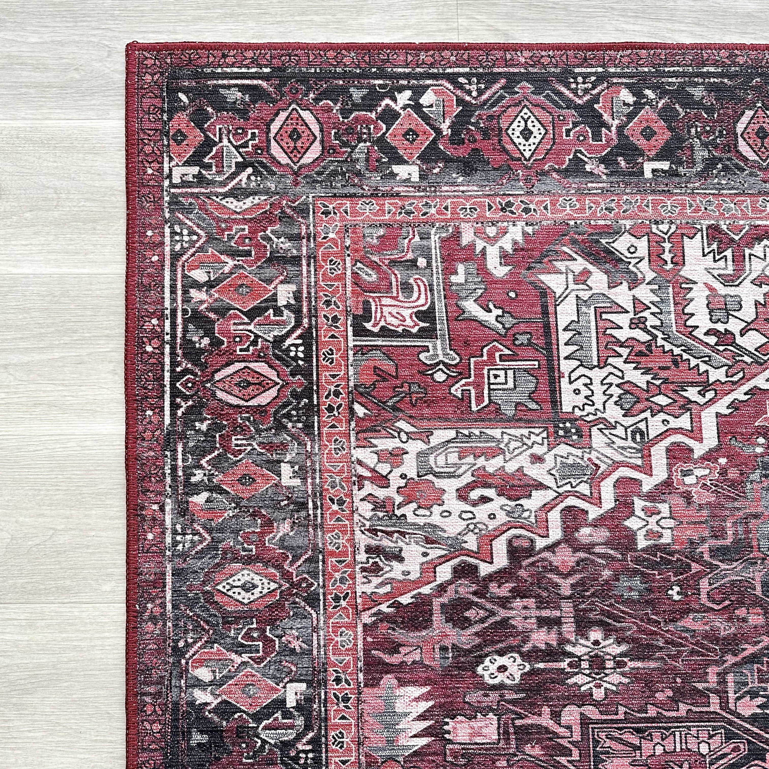 Avla Burgundy Red Floral Heriz Persian Rug
