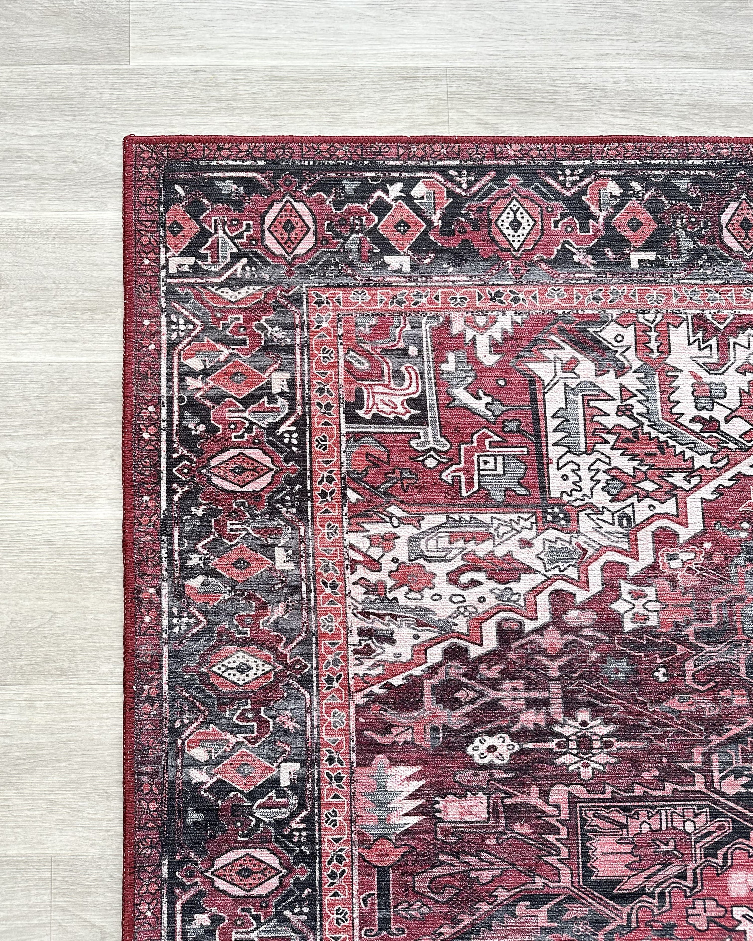 Avla Burgundy Red Floral Heriz Persian Rug