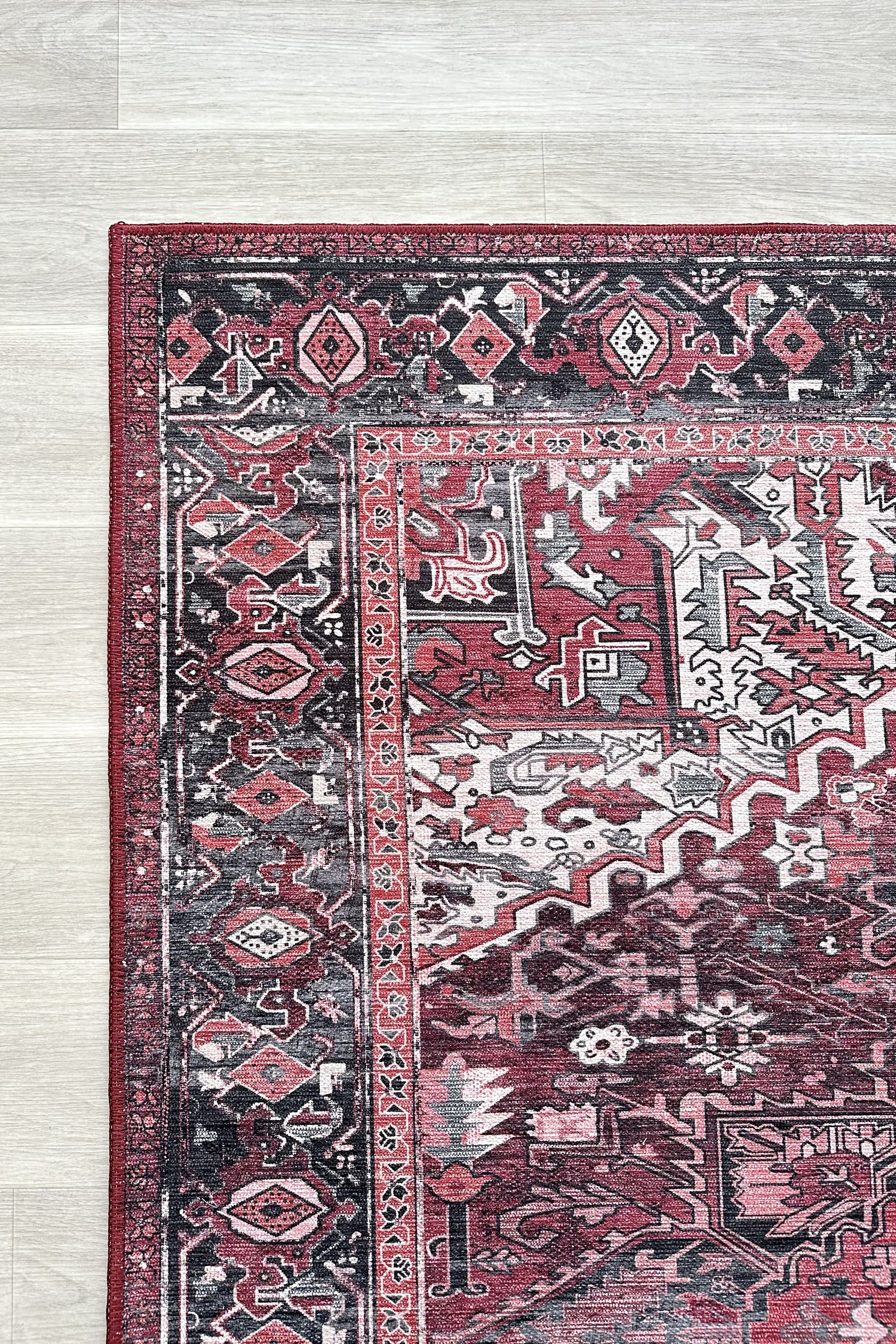 Avla Burgundy Red Floral Heriz Persian Rug