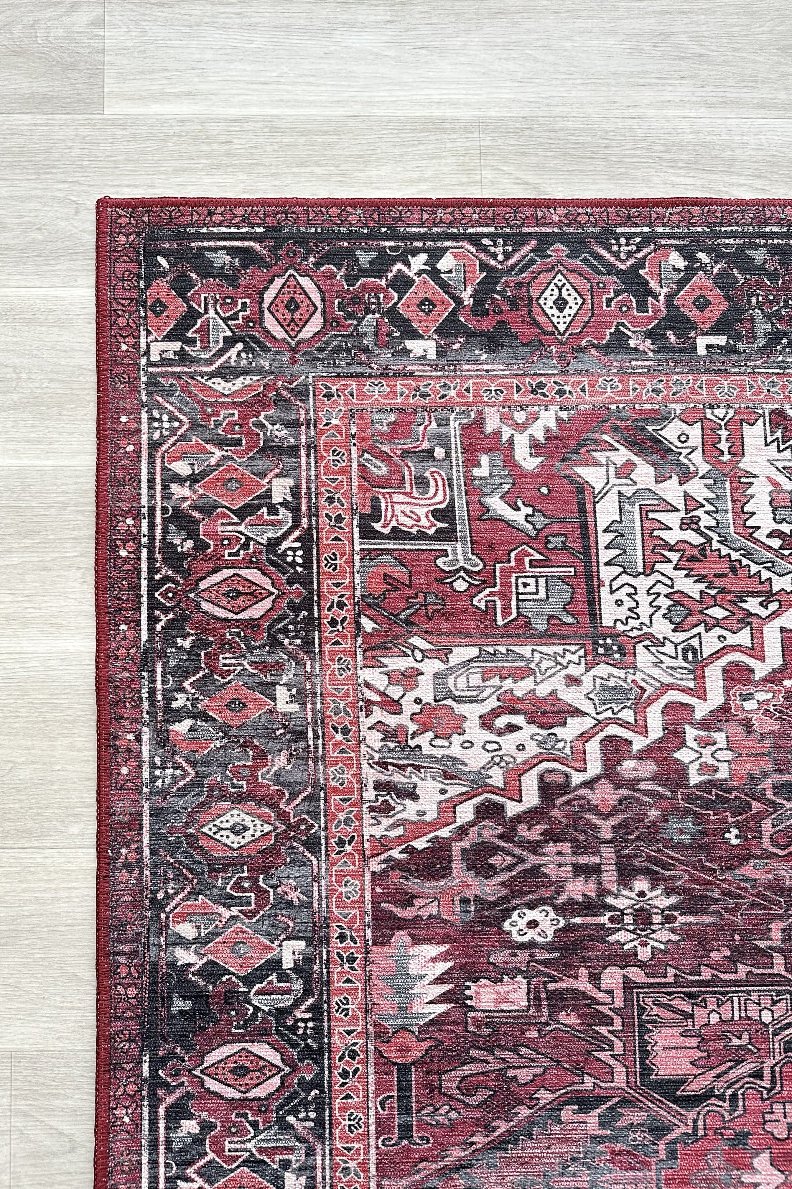 Avla Burgundy Red Floral Heriz Persian Rug