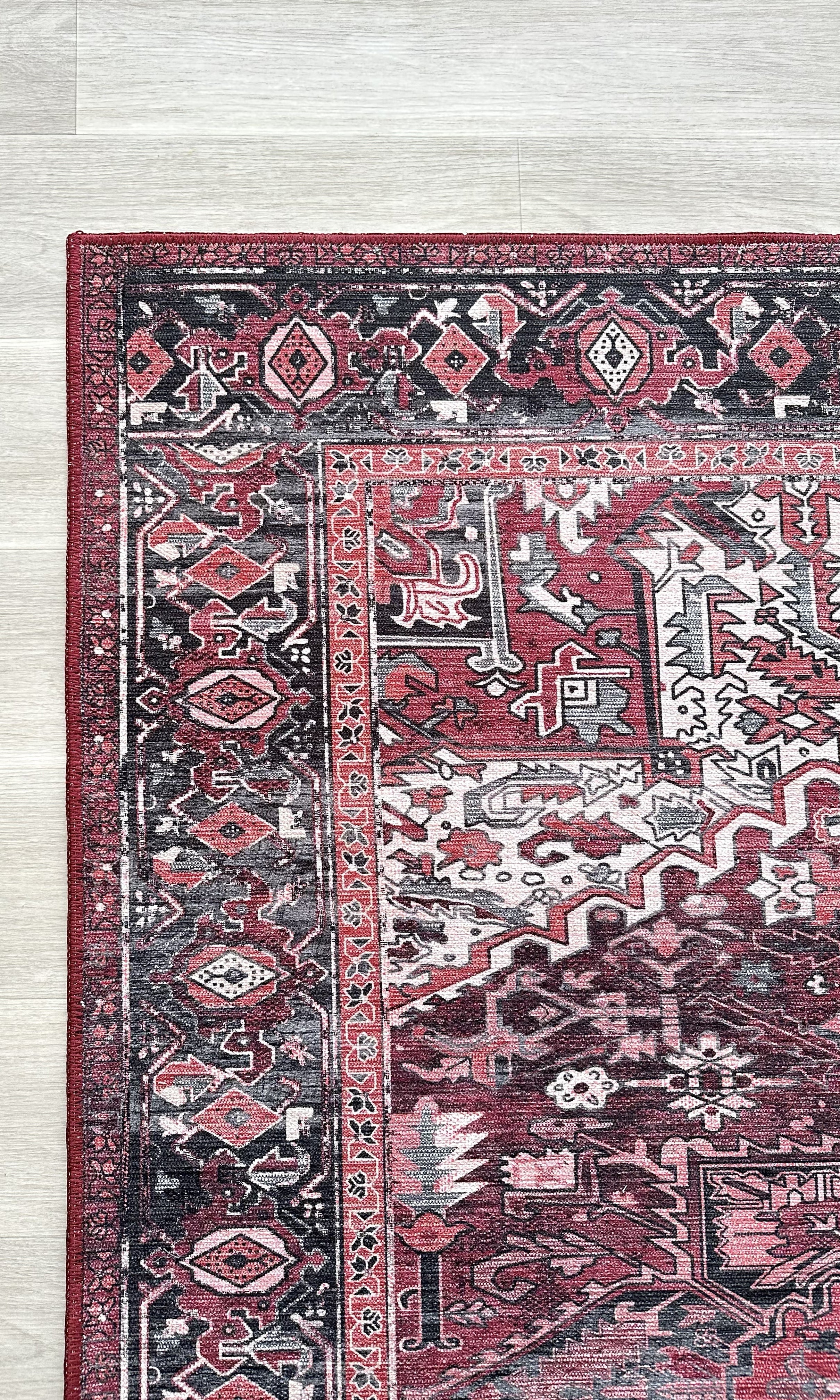 Avla Burgundy Red Floral Heriz Persian Rug