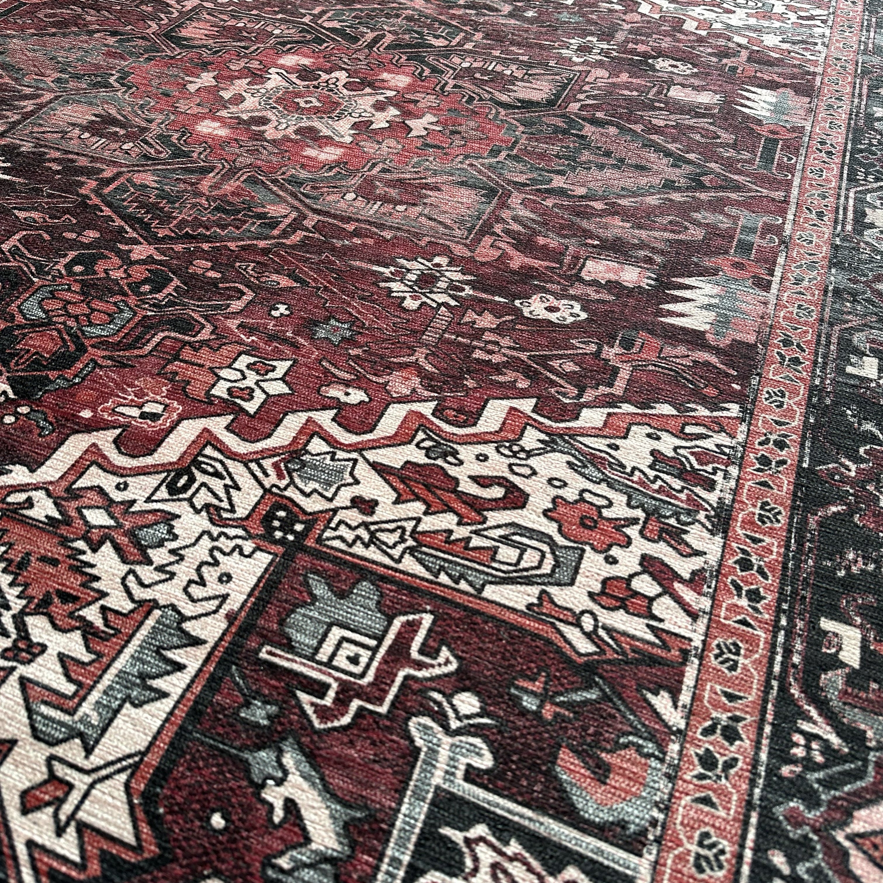 Avla Burgundy Red Floral Heriz Persian Rug