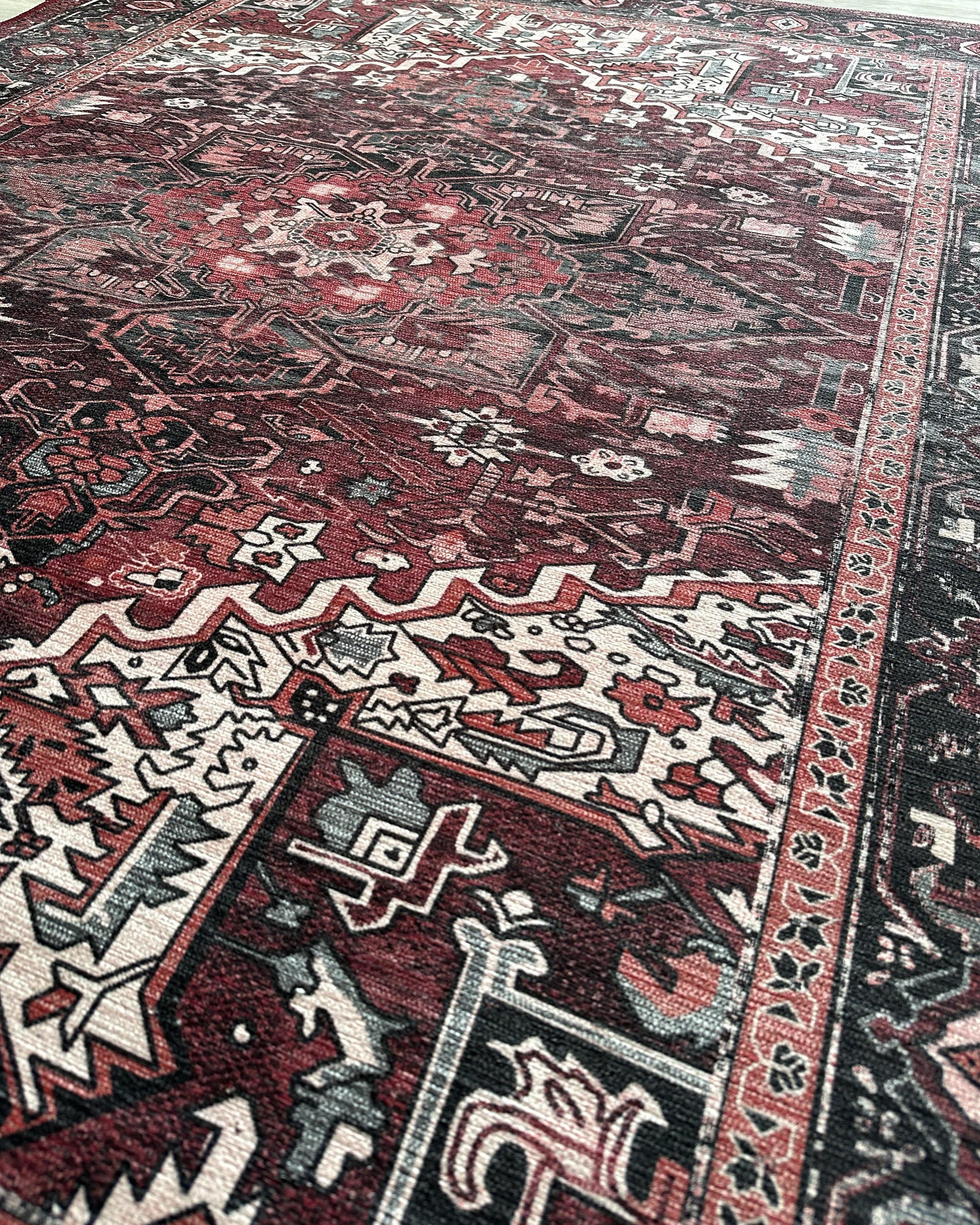 Avla Burgundy Red Floral Heriz Persian Rug