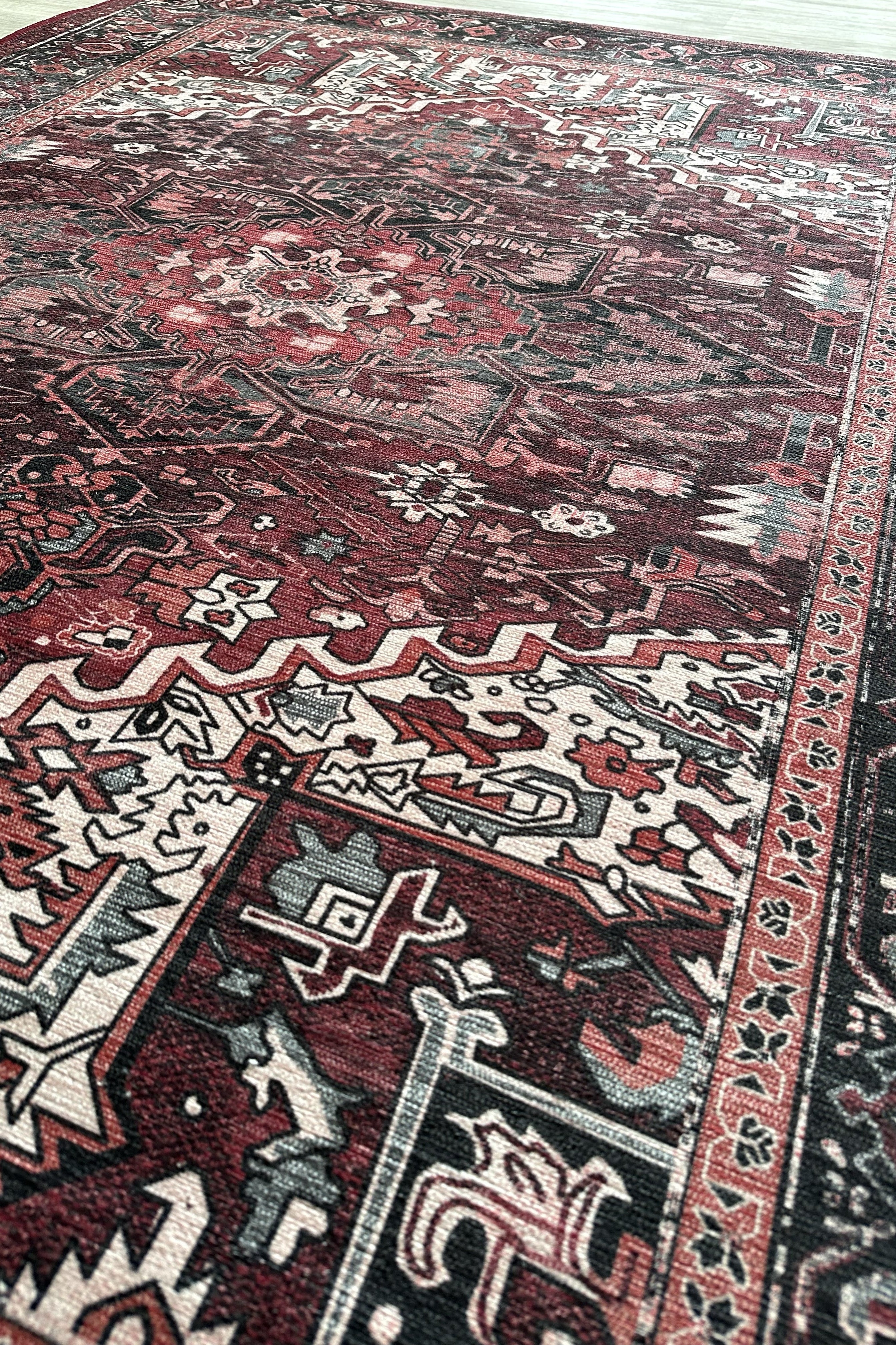 Avla Burgundy Red Floral Heriz Persian Rug