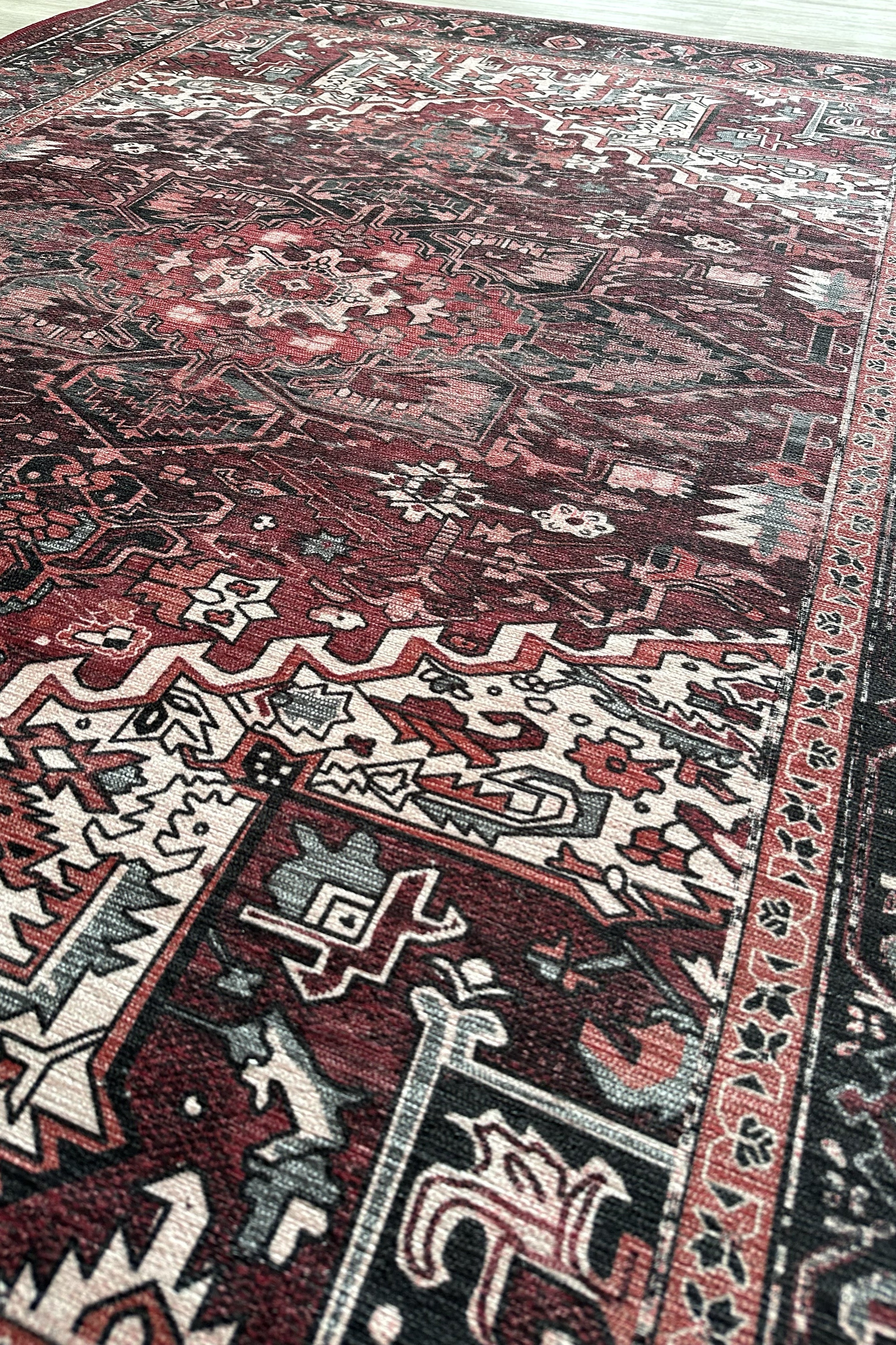 Avla Burgundy Red Floral Heriz Persian Rug