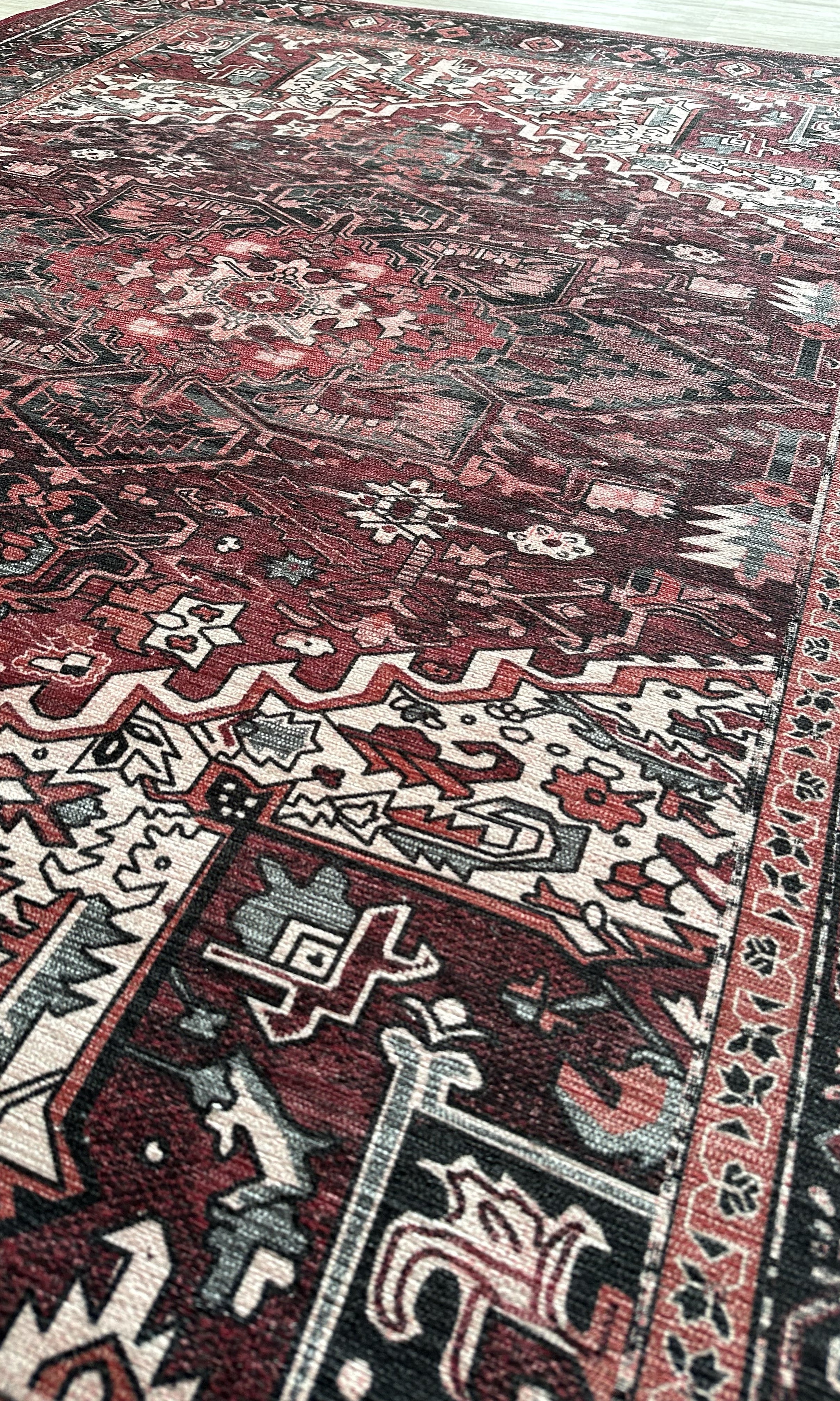 Avla Burgundy Red Floral Heriz Persian Rug