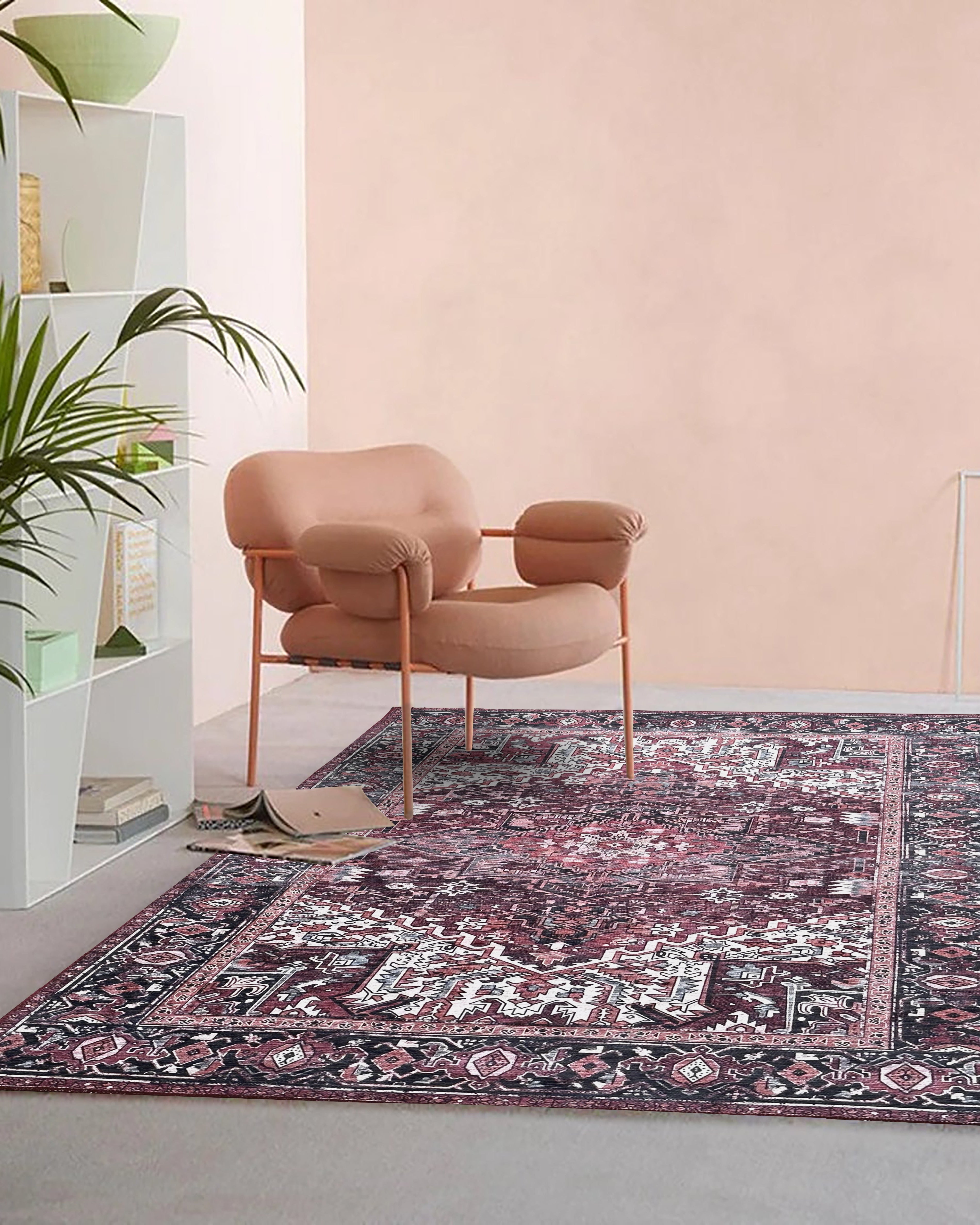 Avla Burgundy Red Floral Heriz Persian Rug