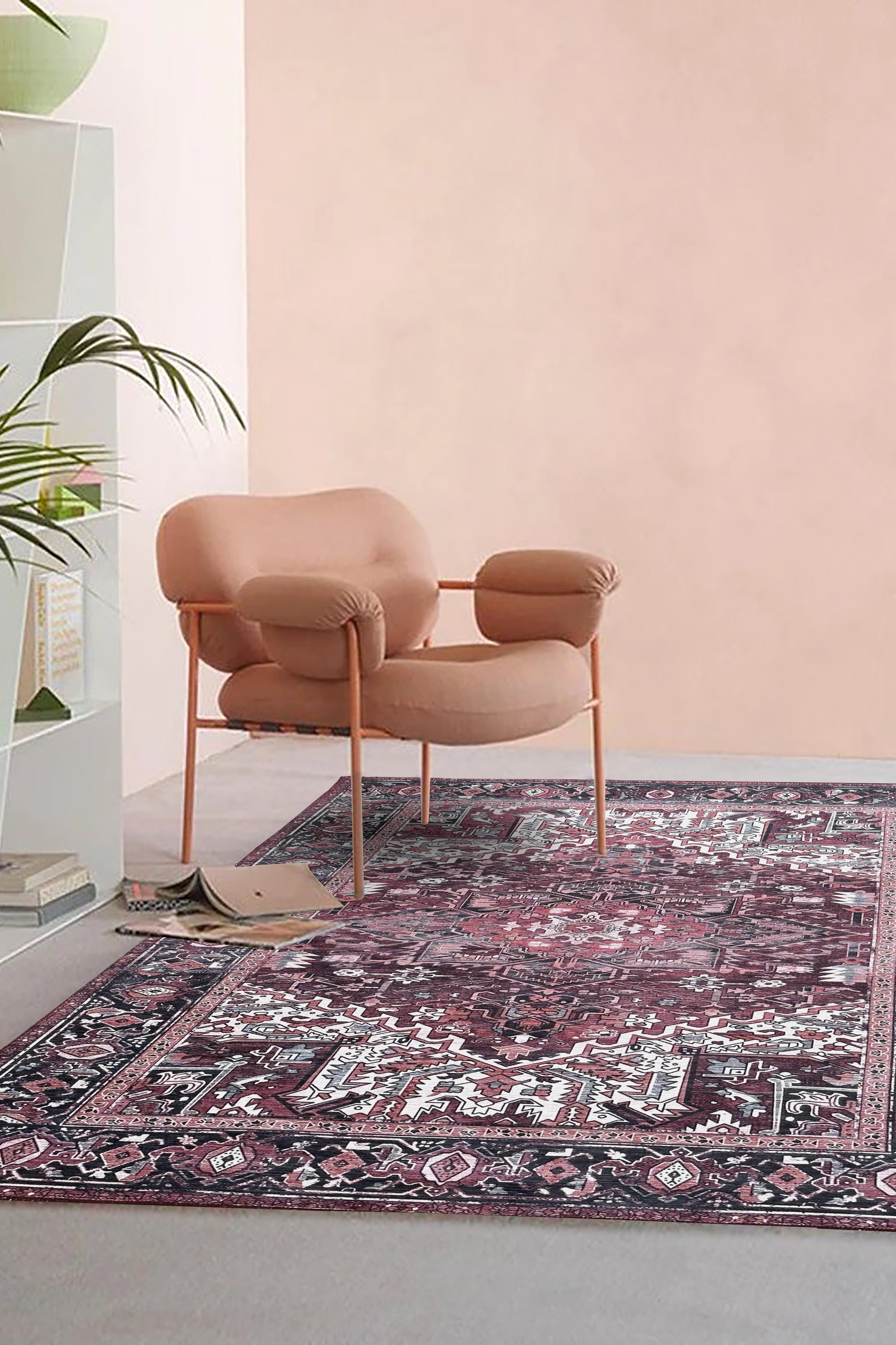 Avla Burgundy Red Floral Heriz Persian Rug