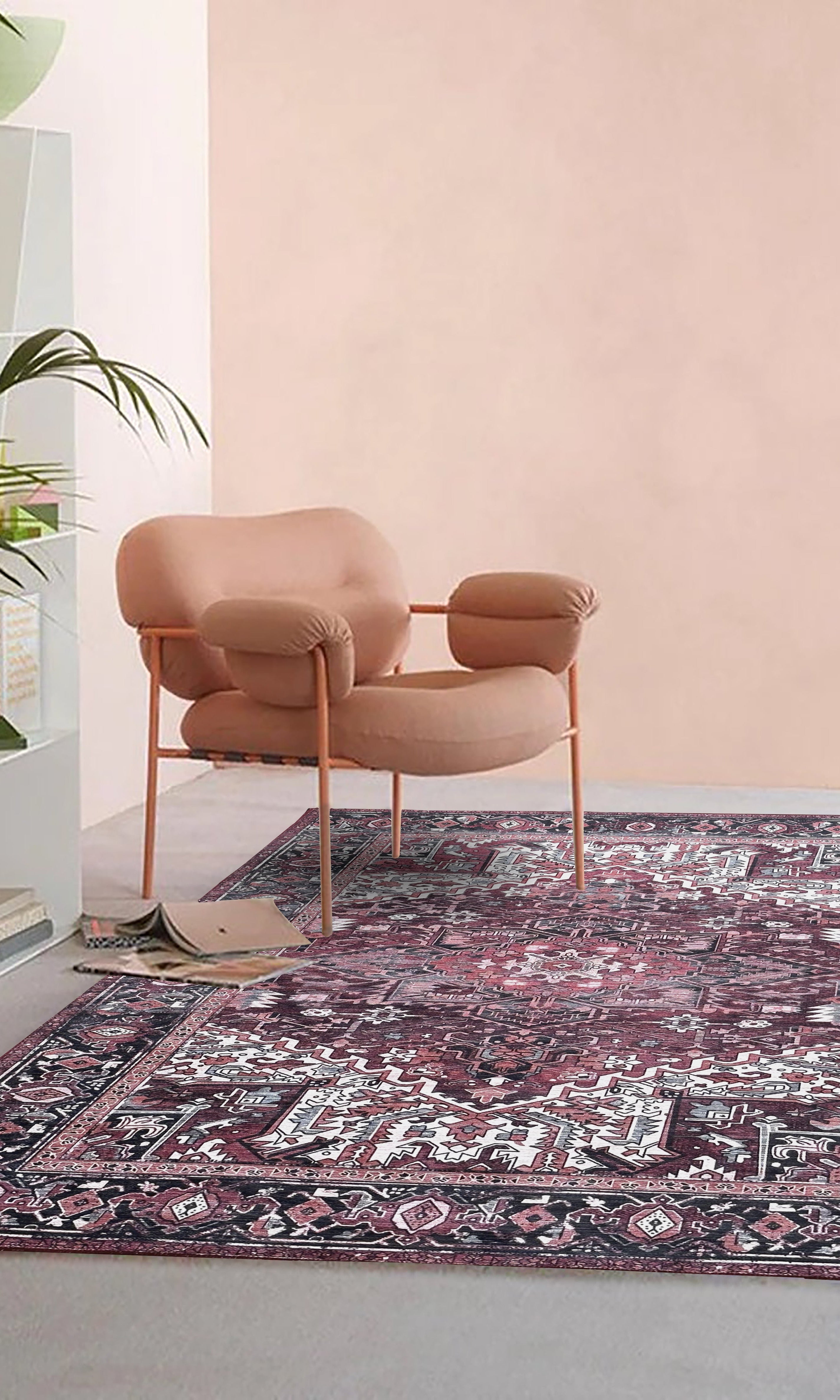 Avla Burgundy Red Floral Heriz Persian Rug