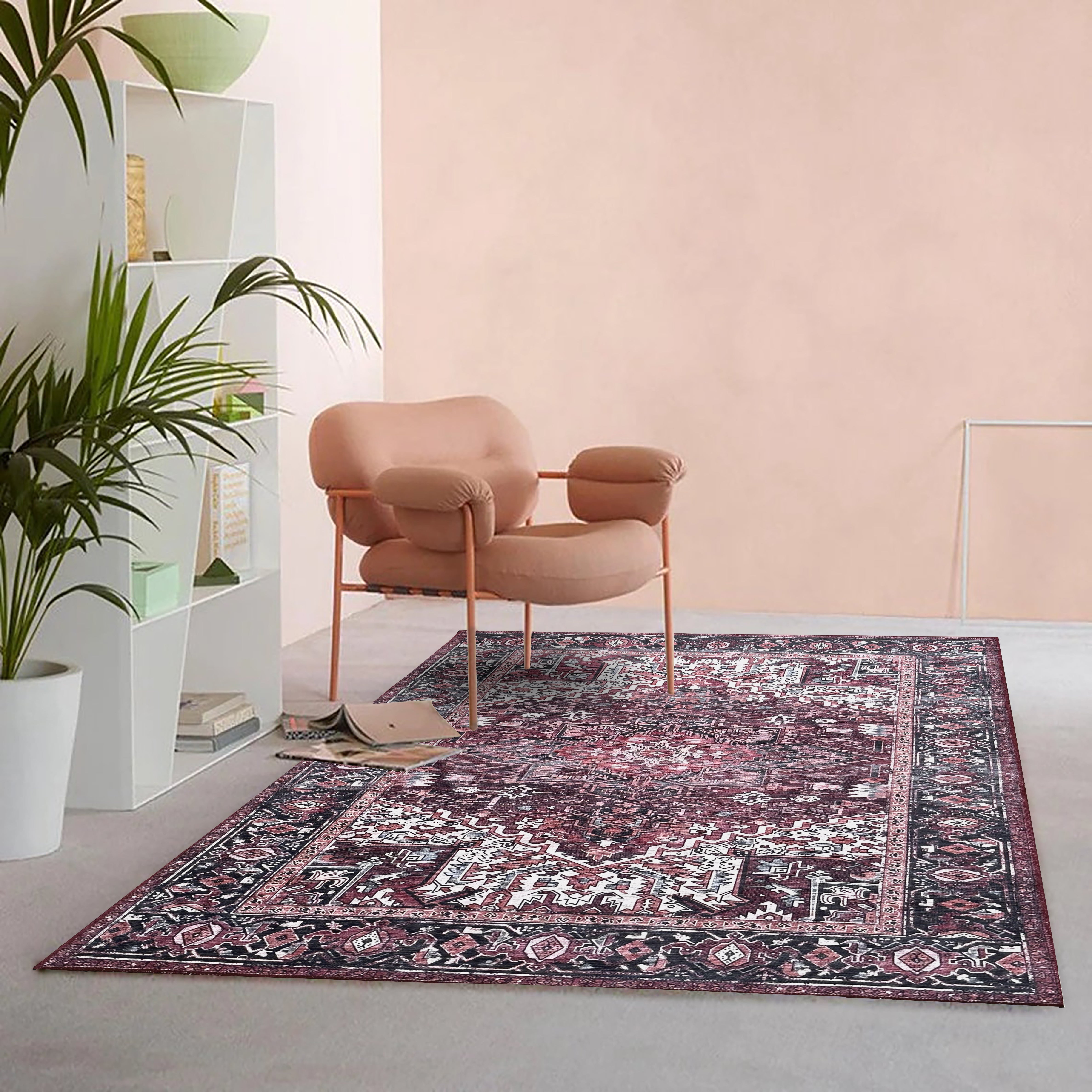 Avla Burgundy Red Floral Heriz Persian Rug