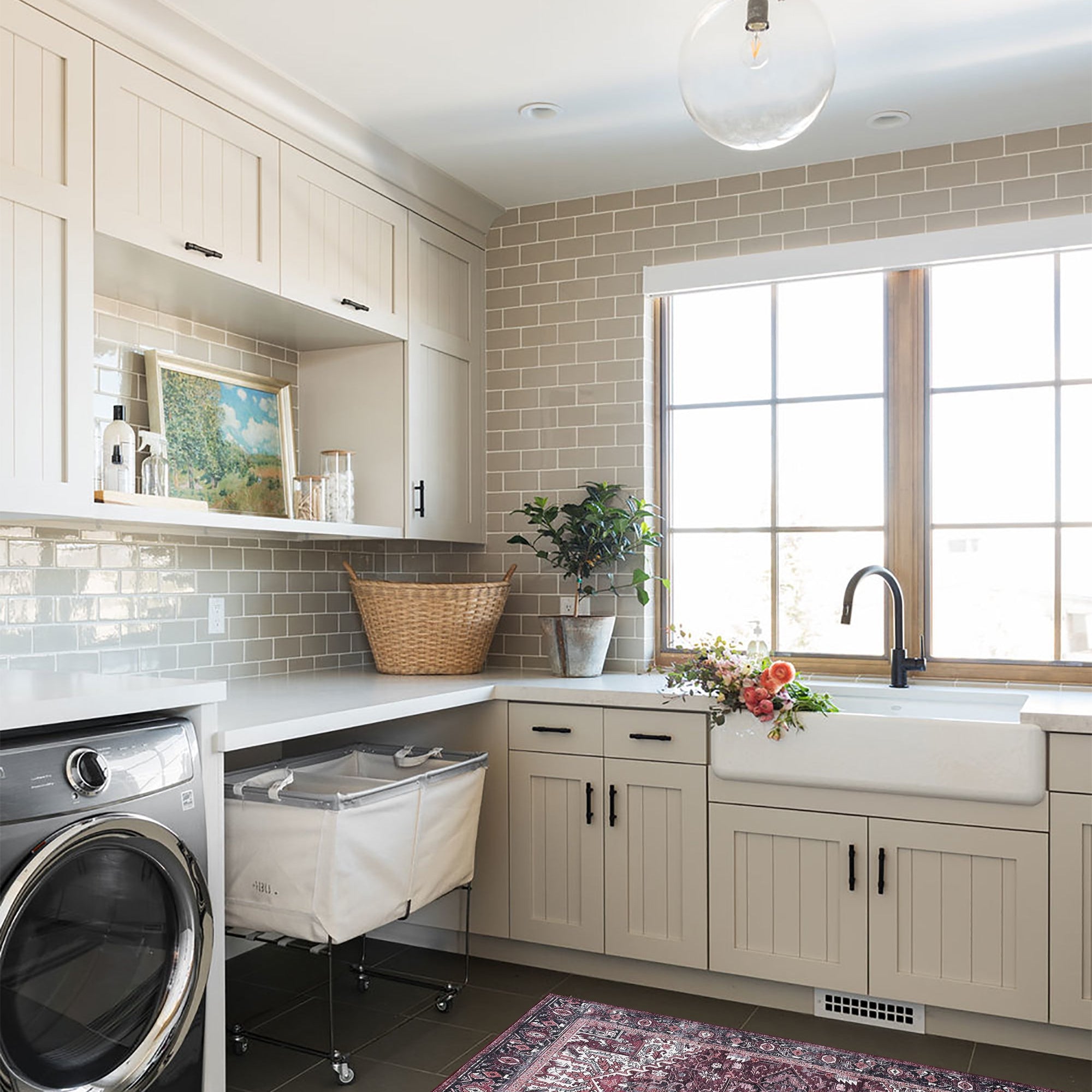 Avla Burgundy Red Floral Heriz Persian Rug