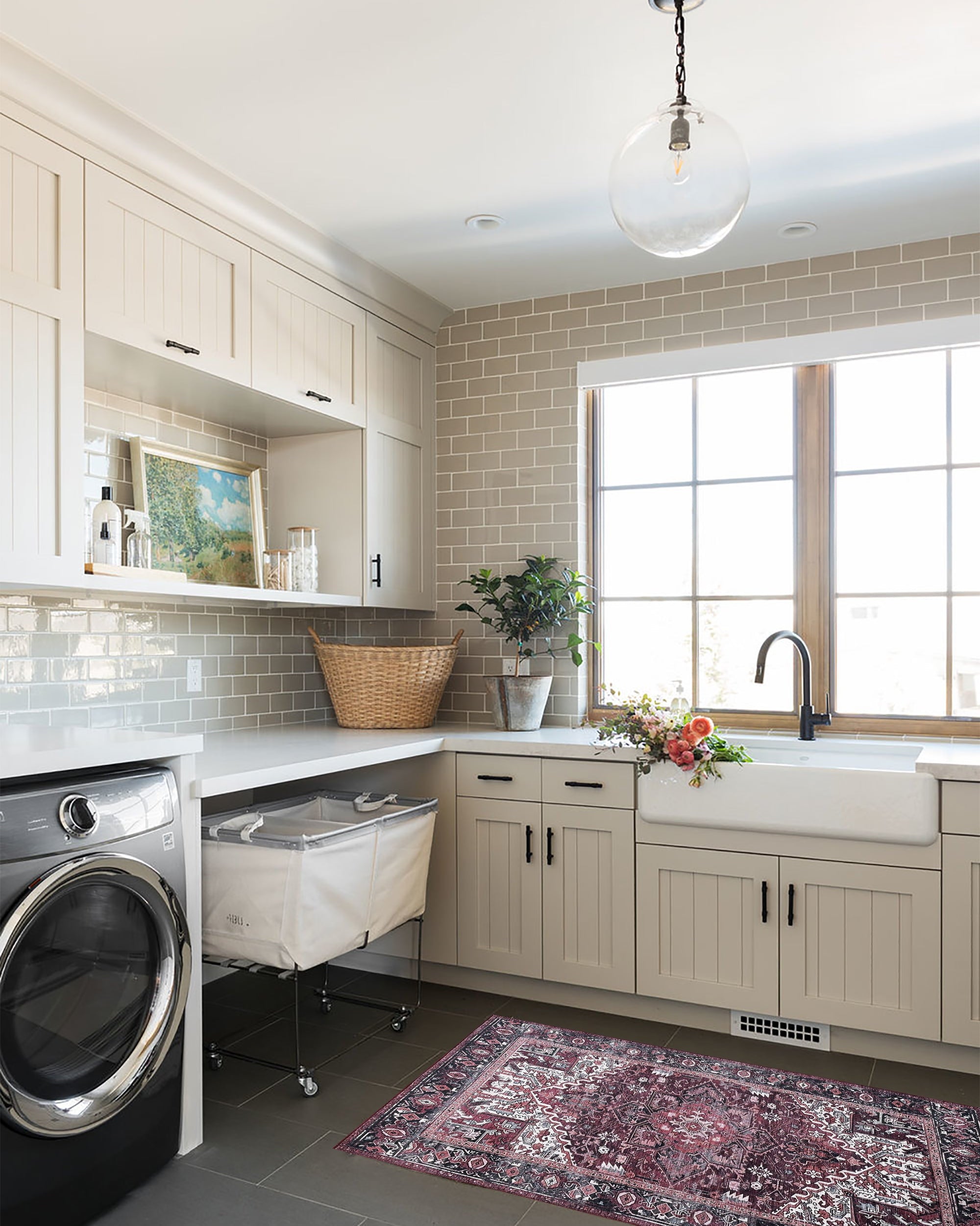 Avla Burgundy Red Floral Heriz Persian Rug