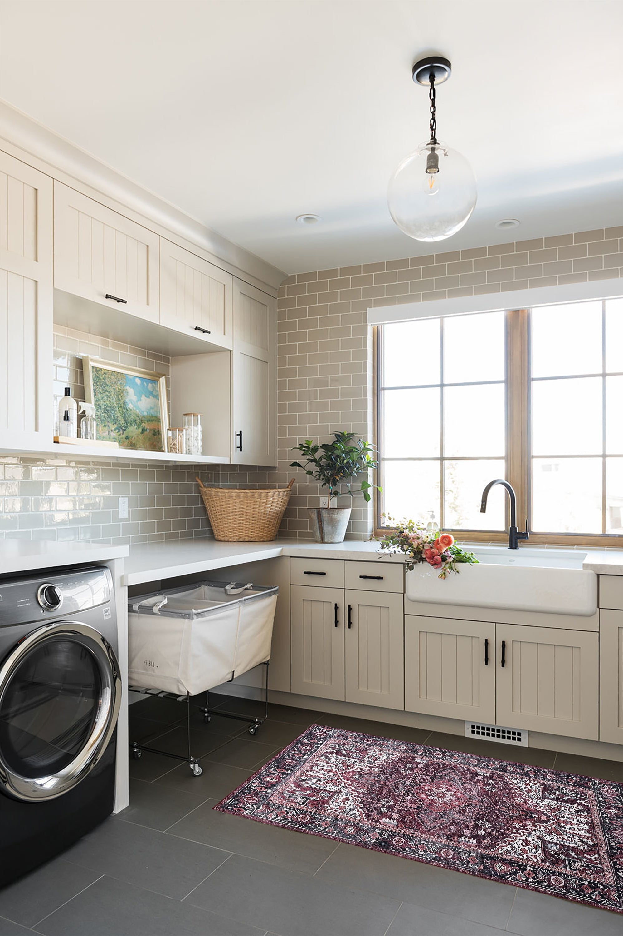 Avla Burgundy Red Floral Heriz Persian Rug