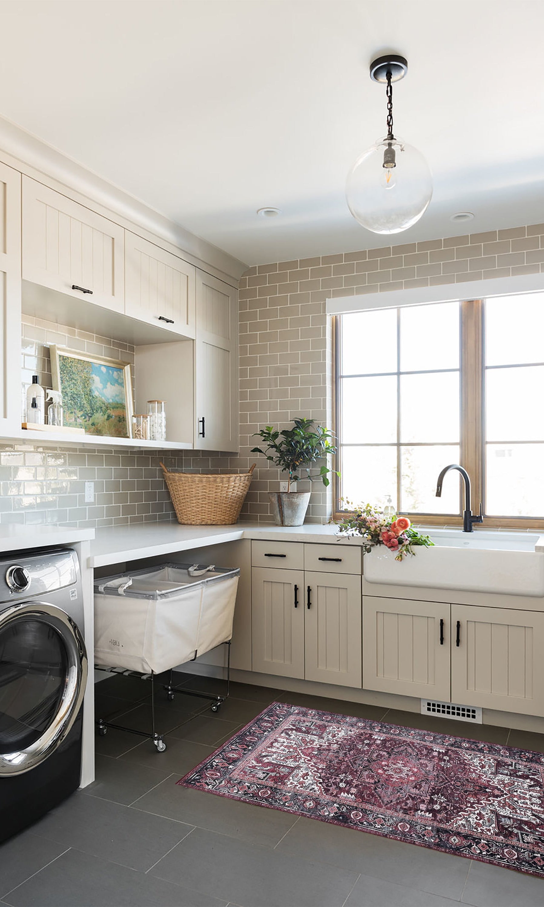 Avla Burgundy Red Floral Heriz Persian Rug