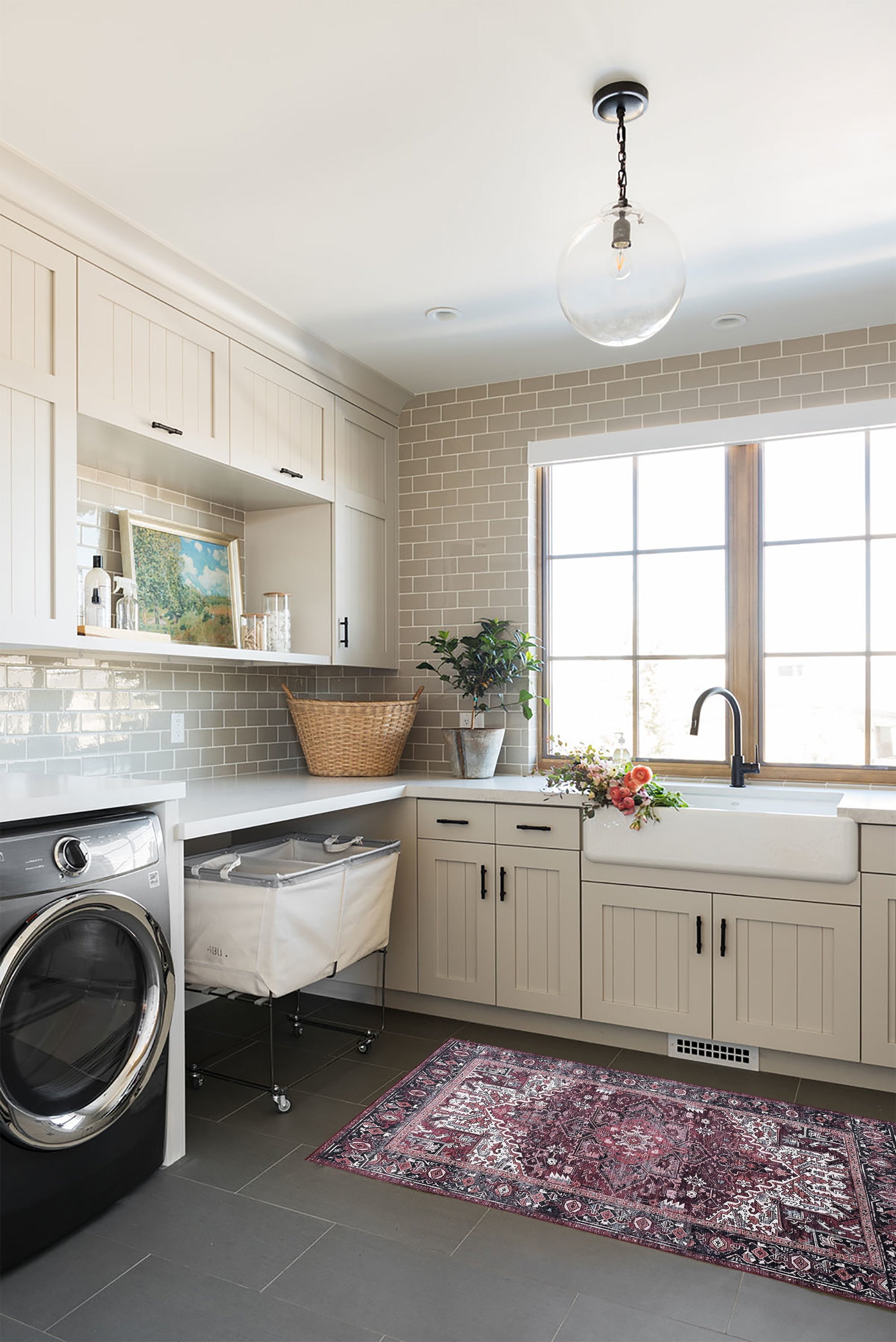 Avla Burgundy Red Floral Heriz Persian Rug