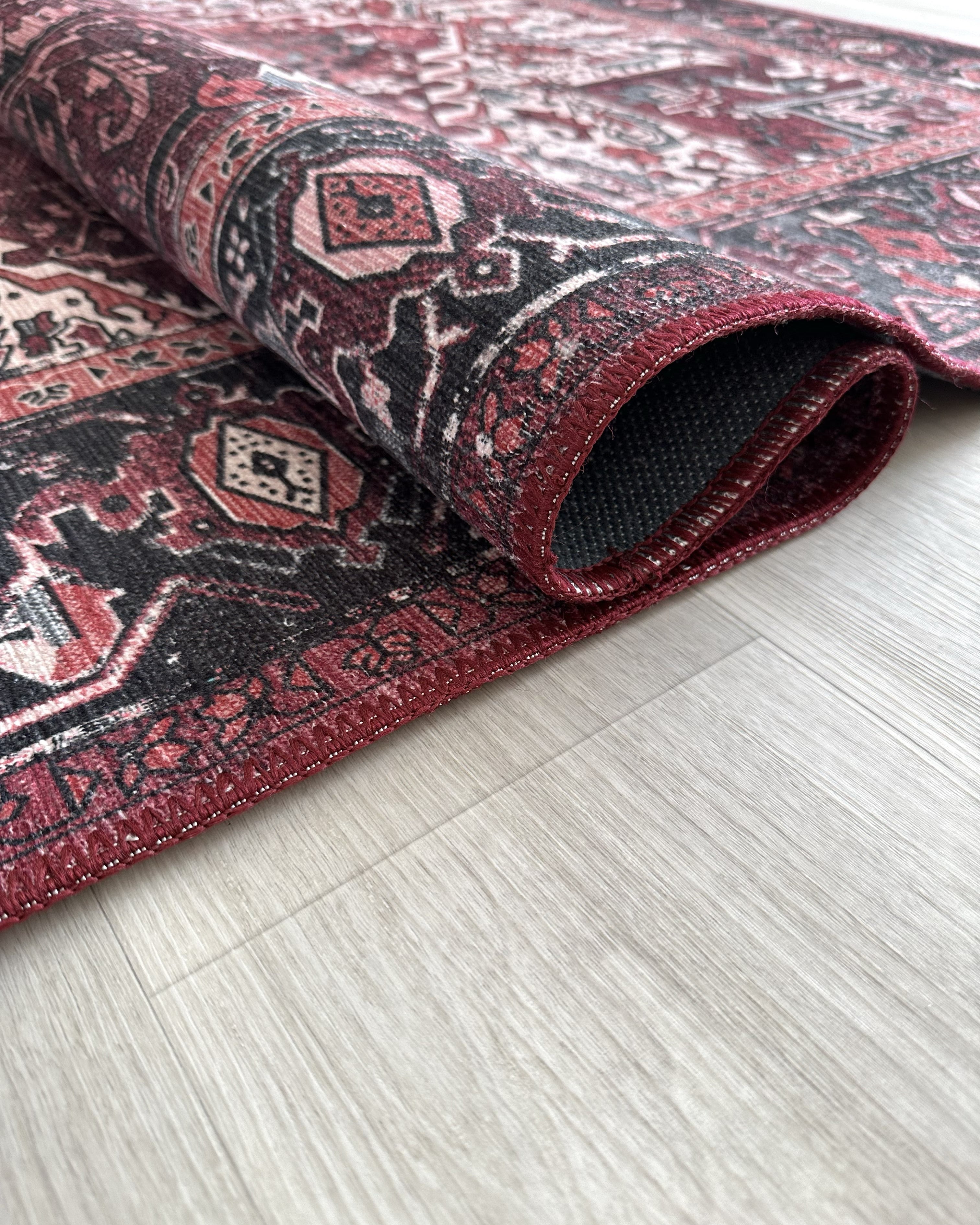 Avla Burgundy Red Floral Heriz Persian Rug