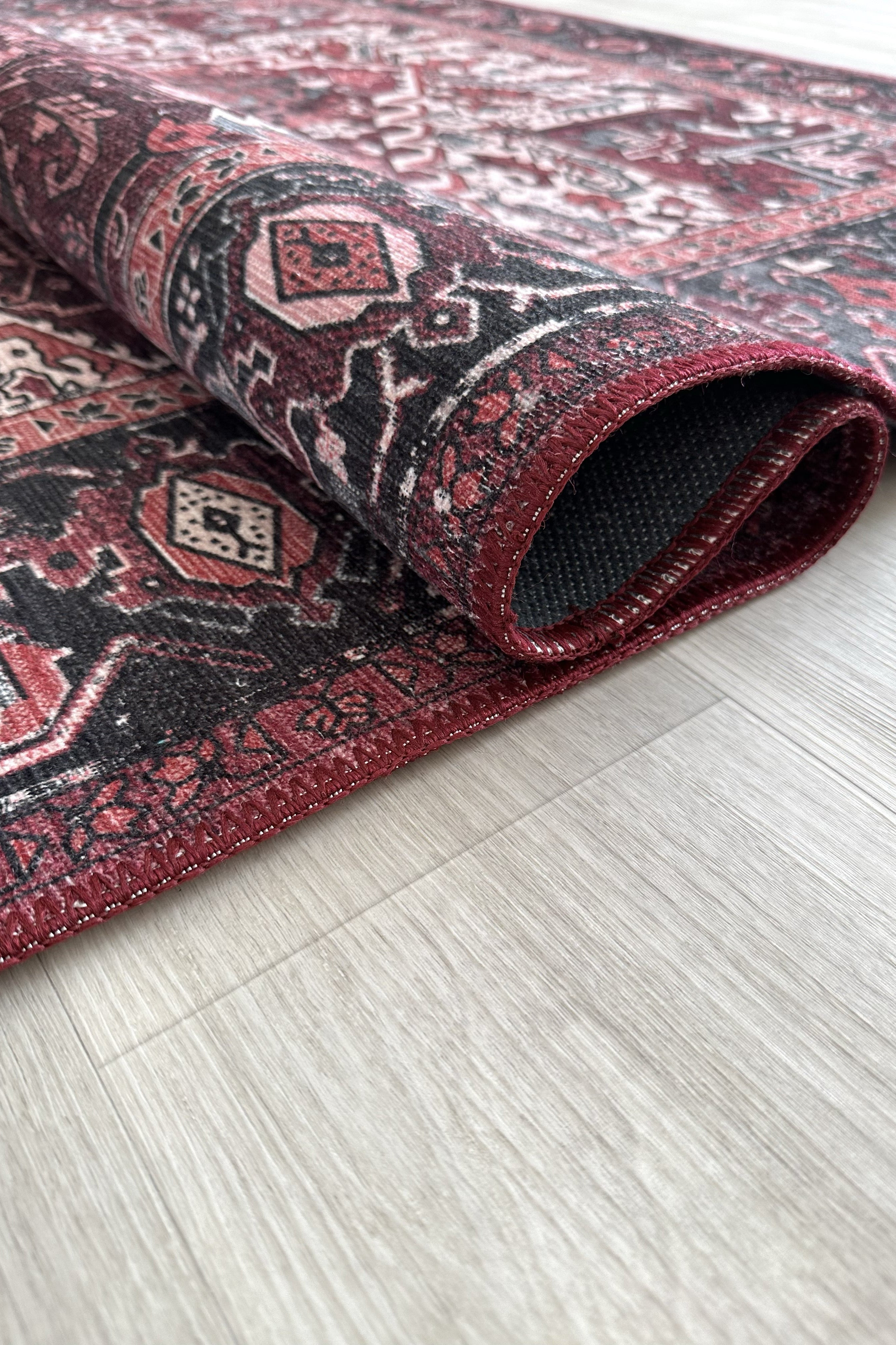 Avla Burgundy Red Floral Heriz Persian Rug