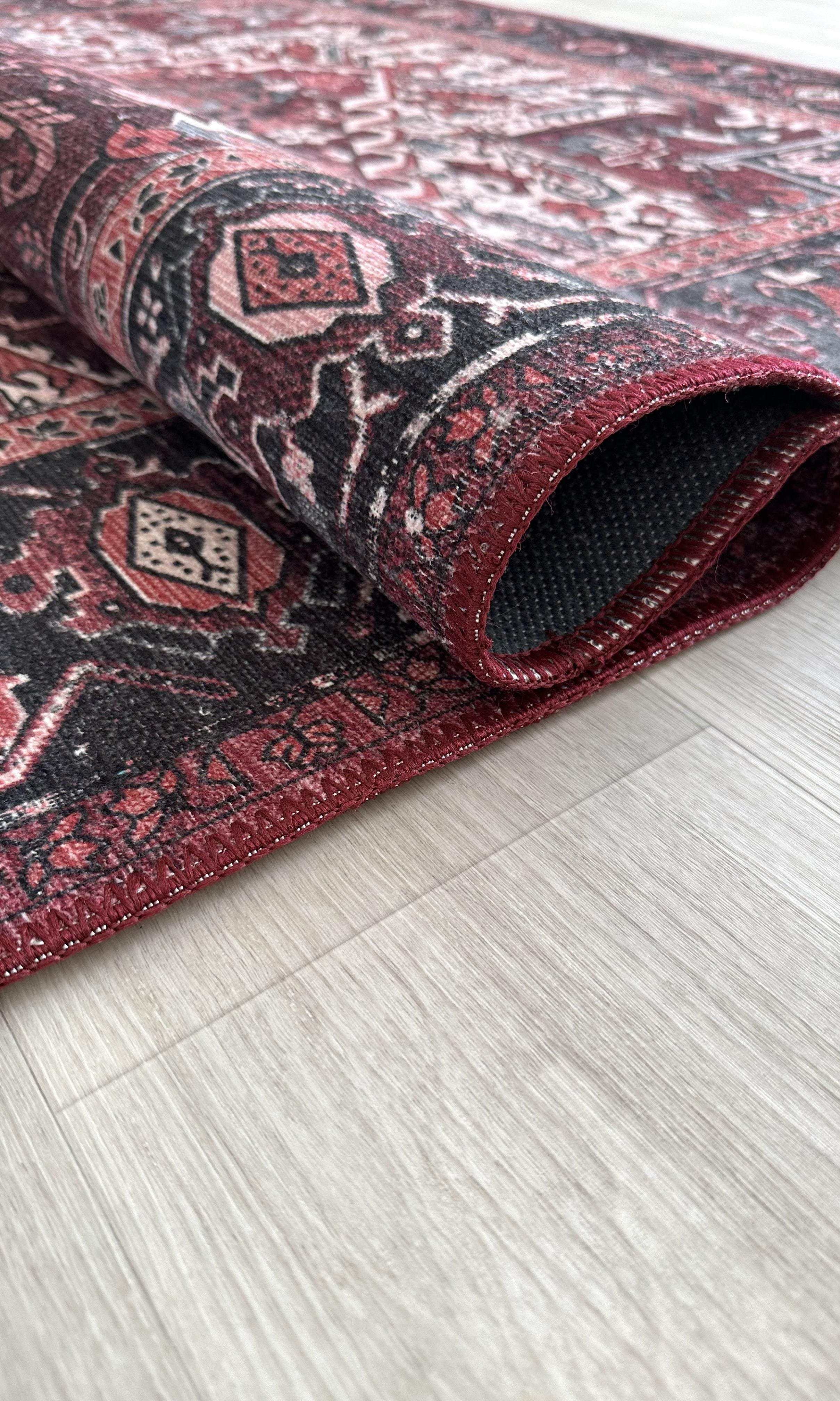 Avla Burgundy Red Floral Heriz Persian Rug