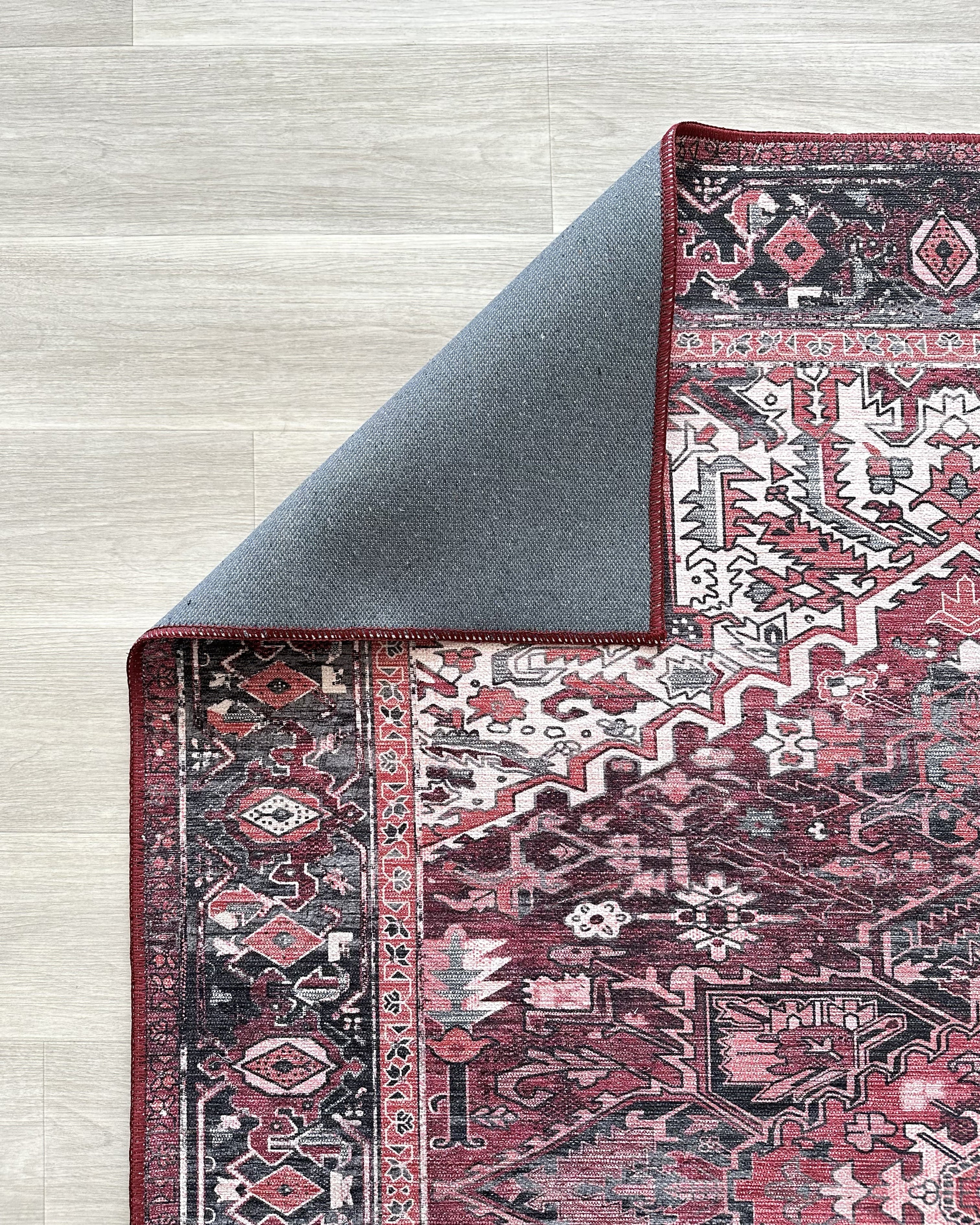 Avla Burgundy Red Floral Heriz Persian Rug