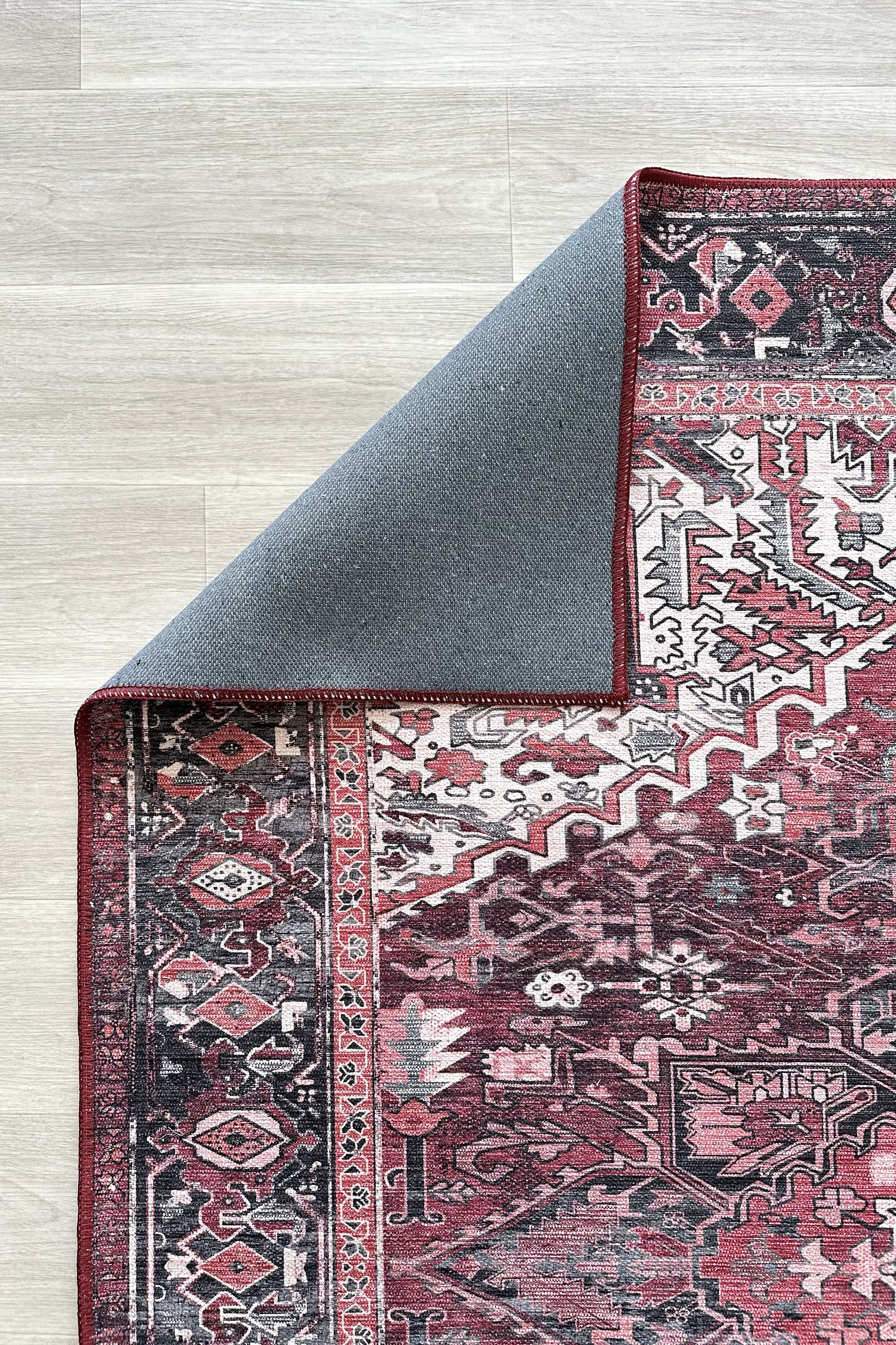 Avla Burgundy Red Floral Heriz Persian Rug