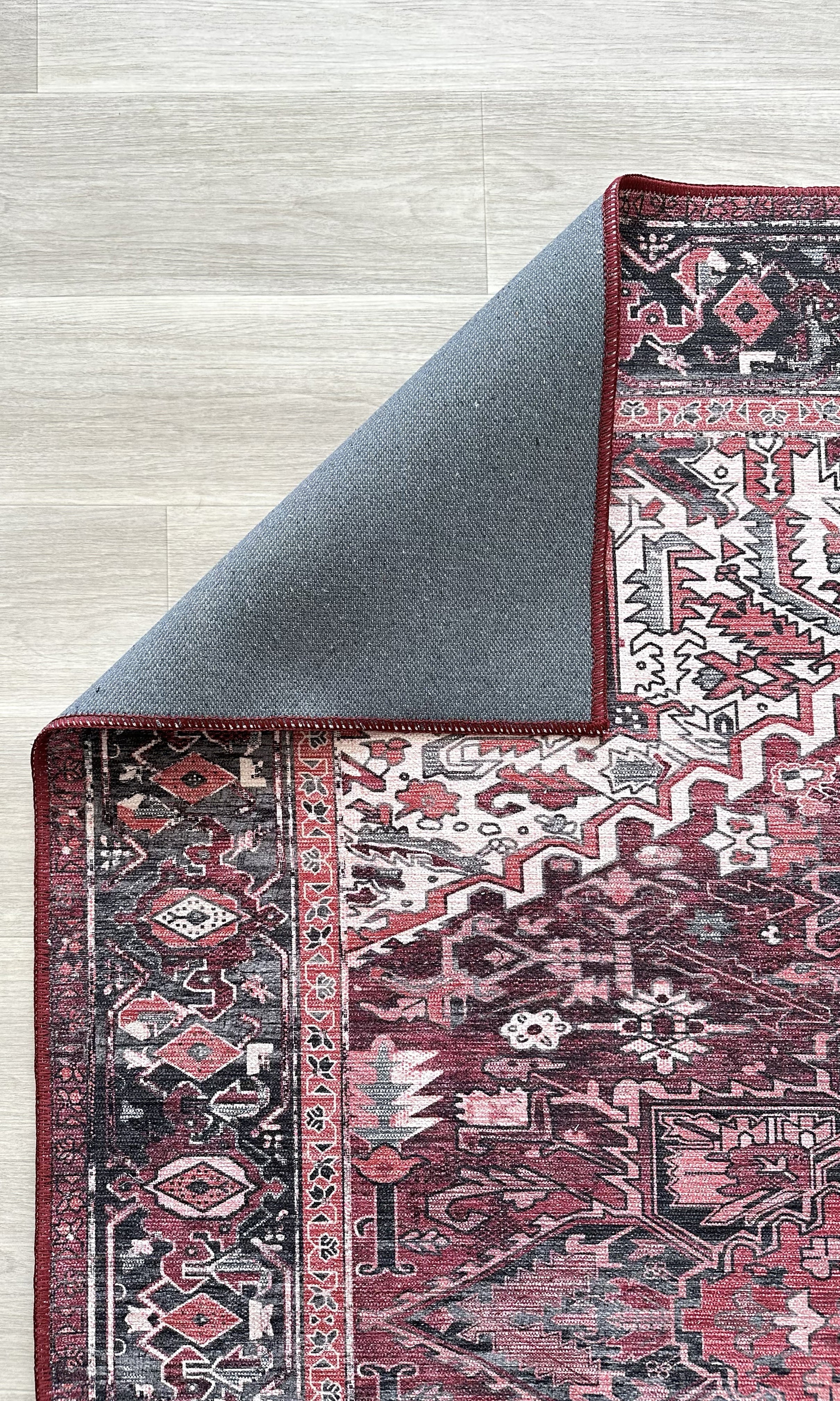 Avla Burgundy Red Floral Heriz Persian Rug