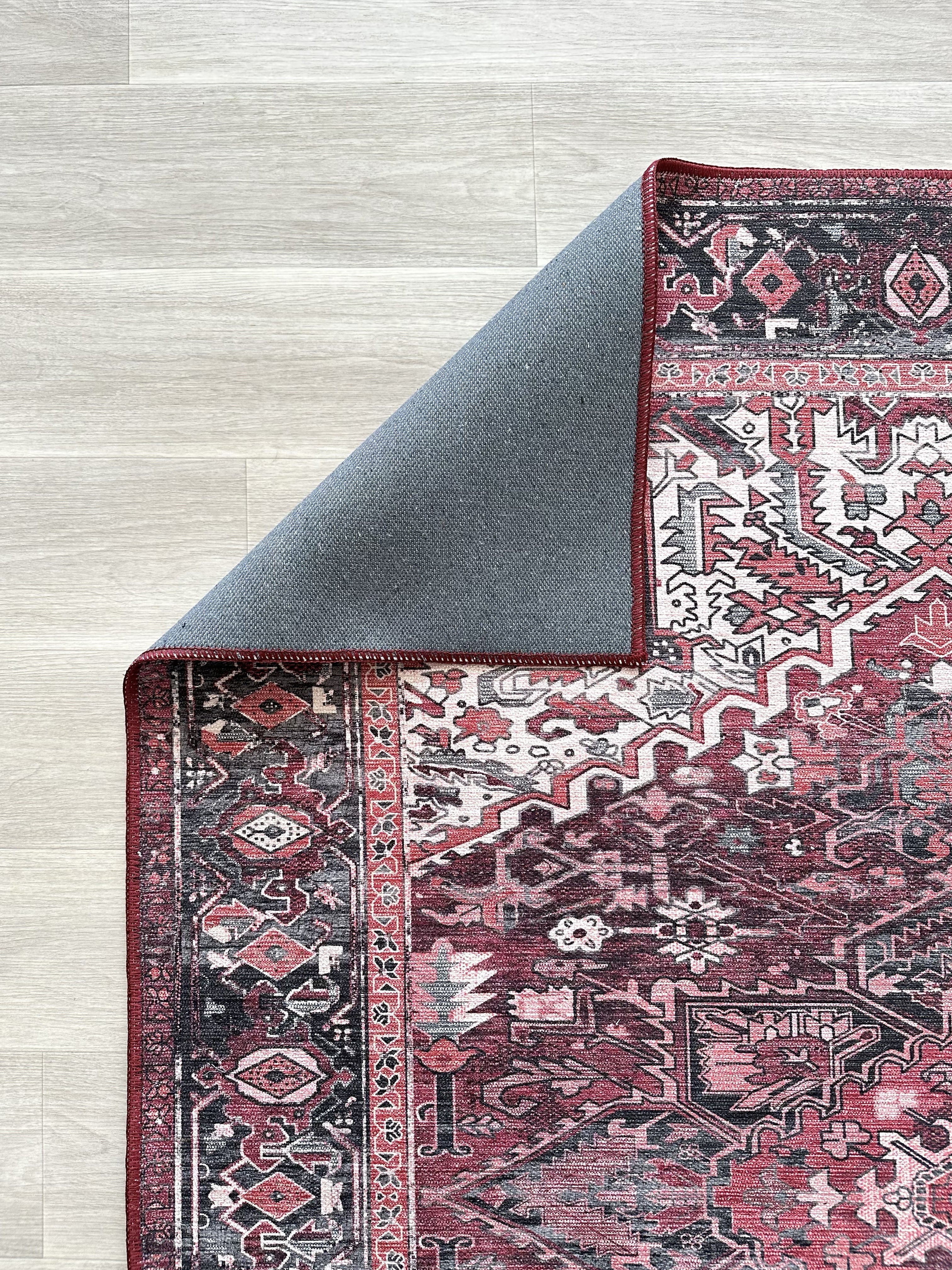 Avla Burgundy Red Floral Heriz Persian Rug