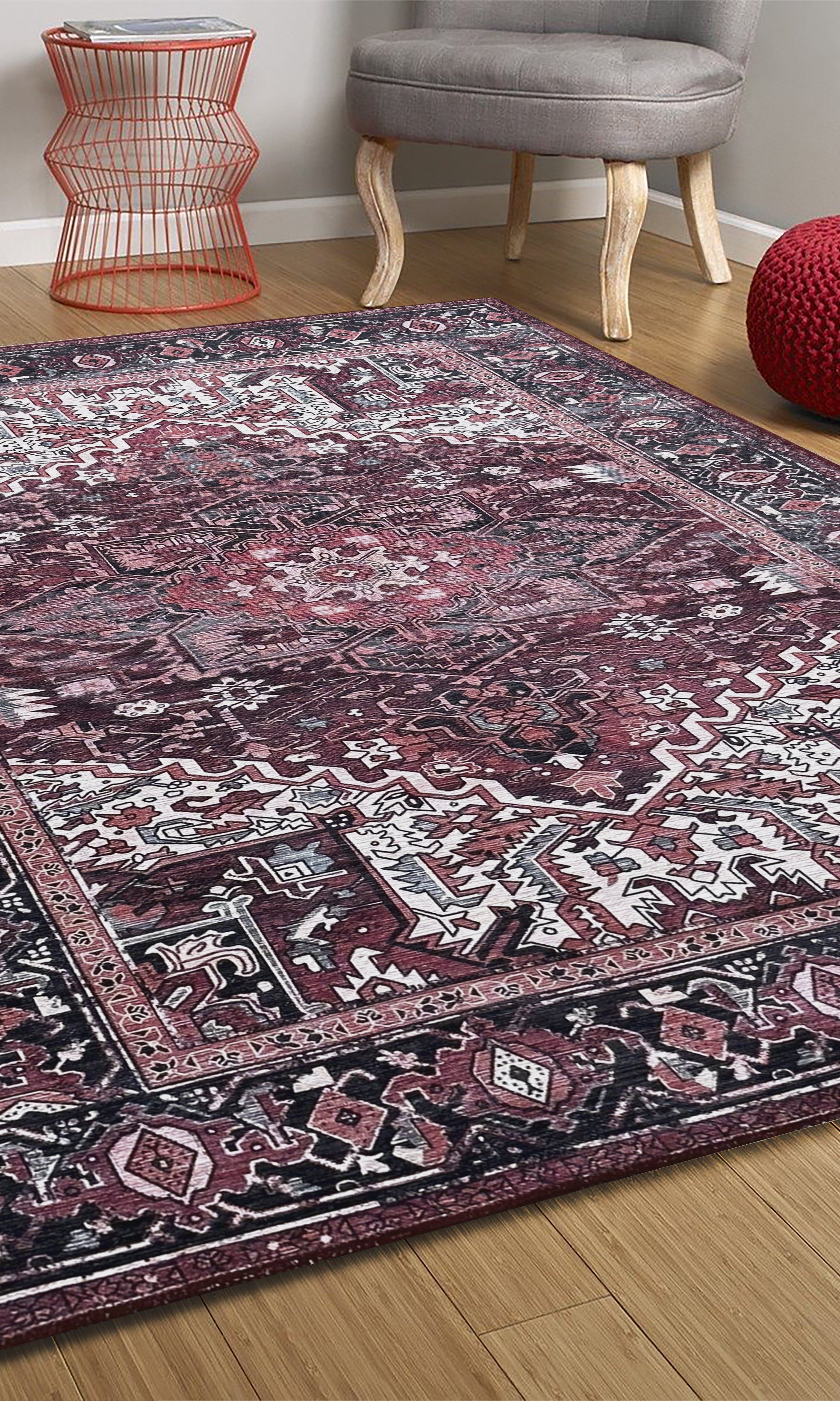 Avla Burgundy Red Floral Heriz Persian Rug