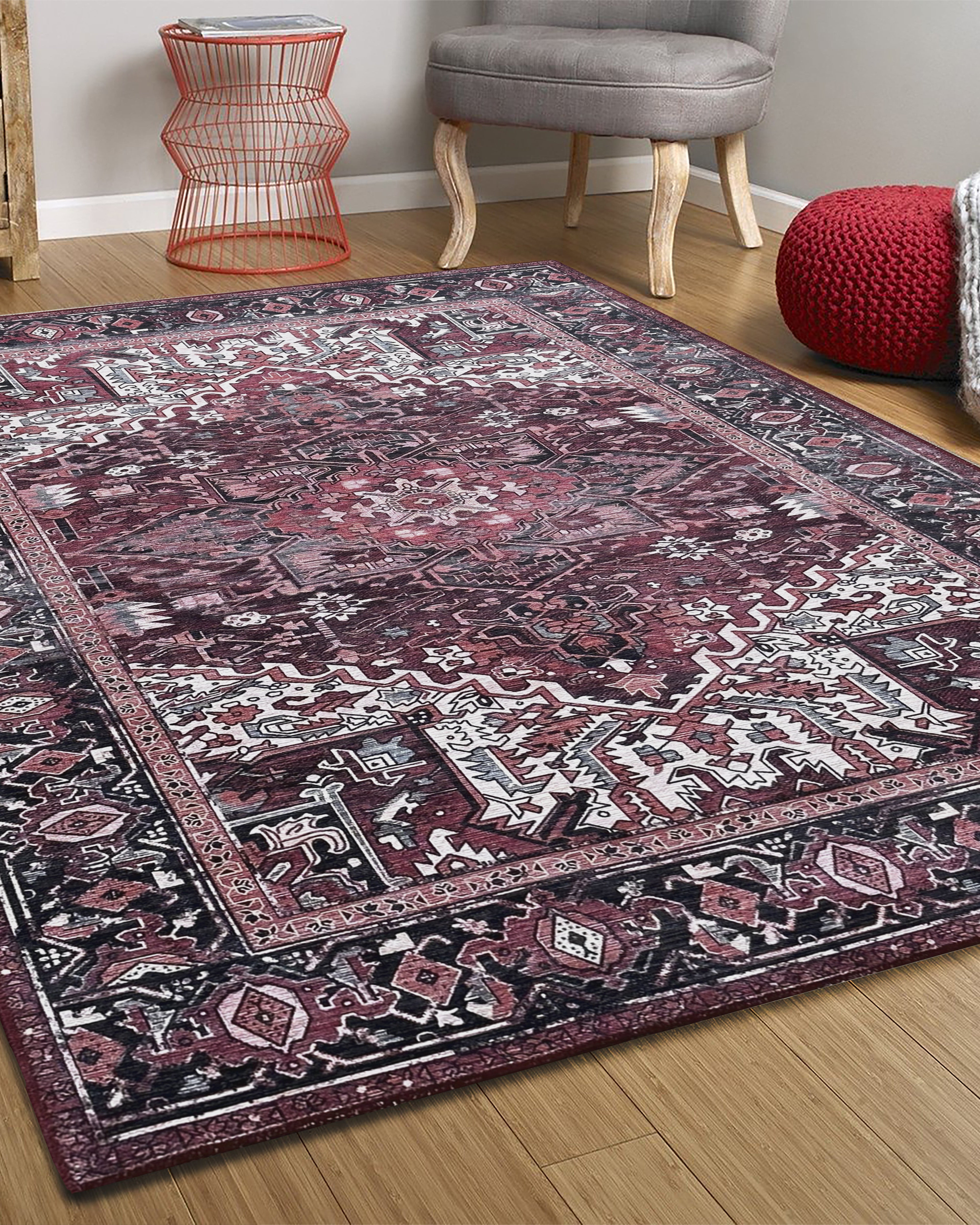 Avla Burgundy Red Floral Heriz Persian Rug