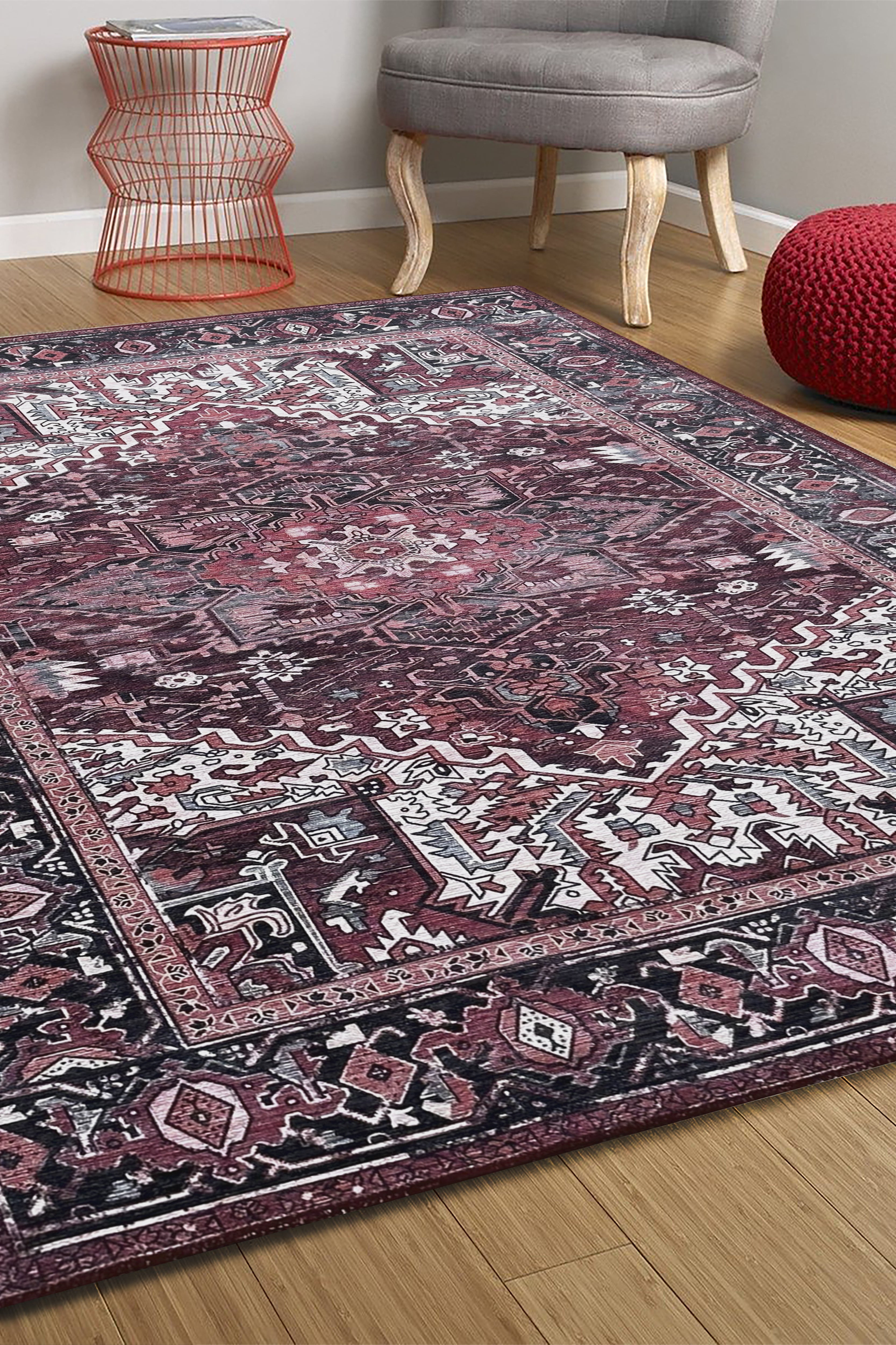 Avla Burgundy Red Floral Heriz Persian Rug