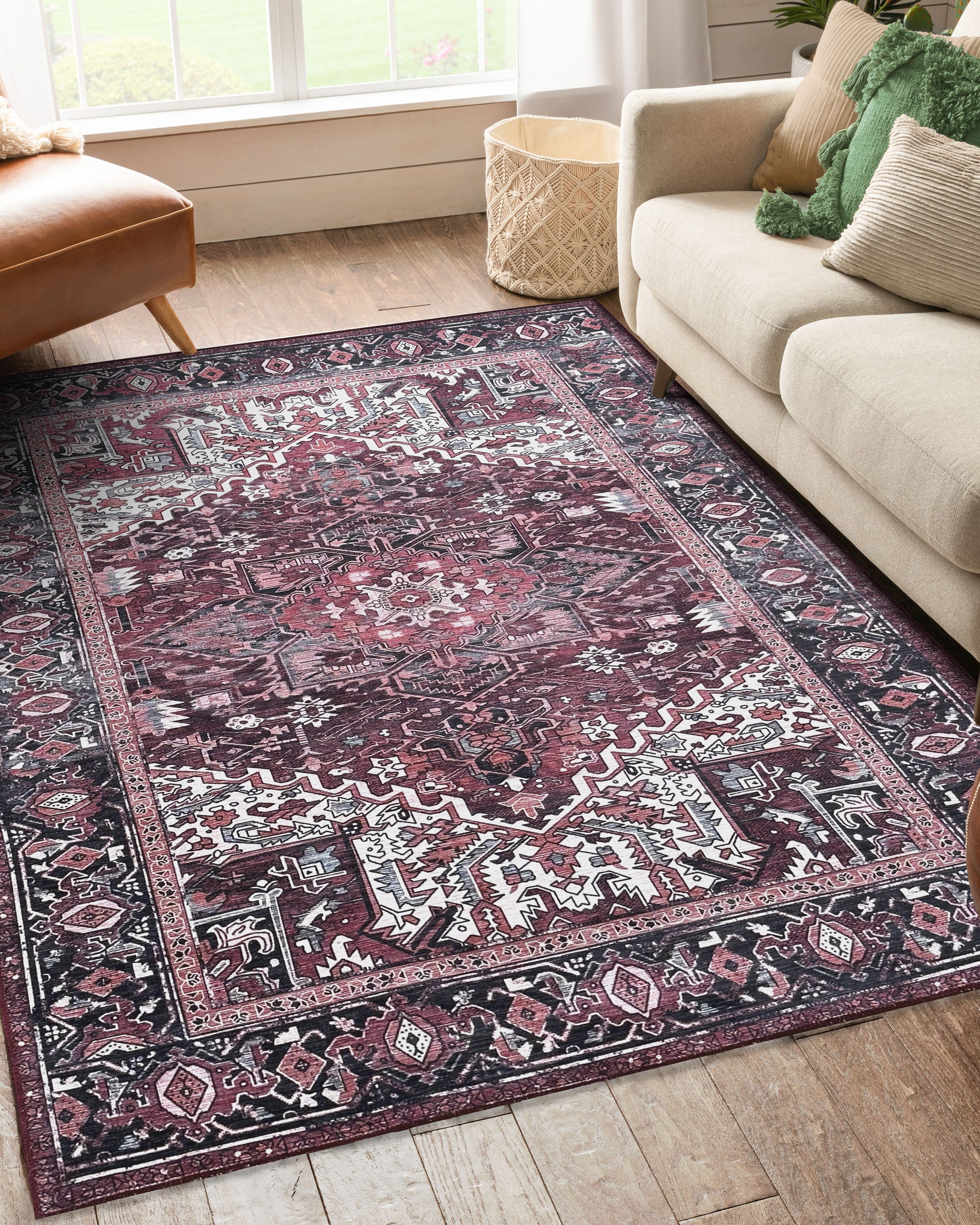 Avla Burgundy Red Floral Heriz Persian Rug