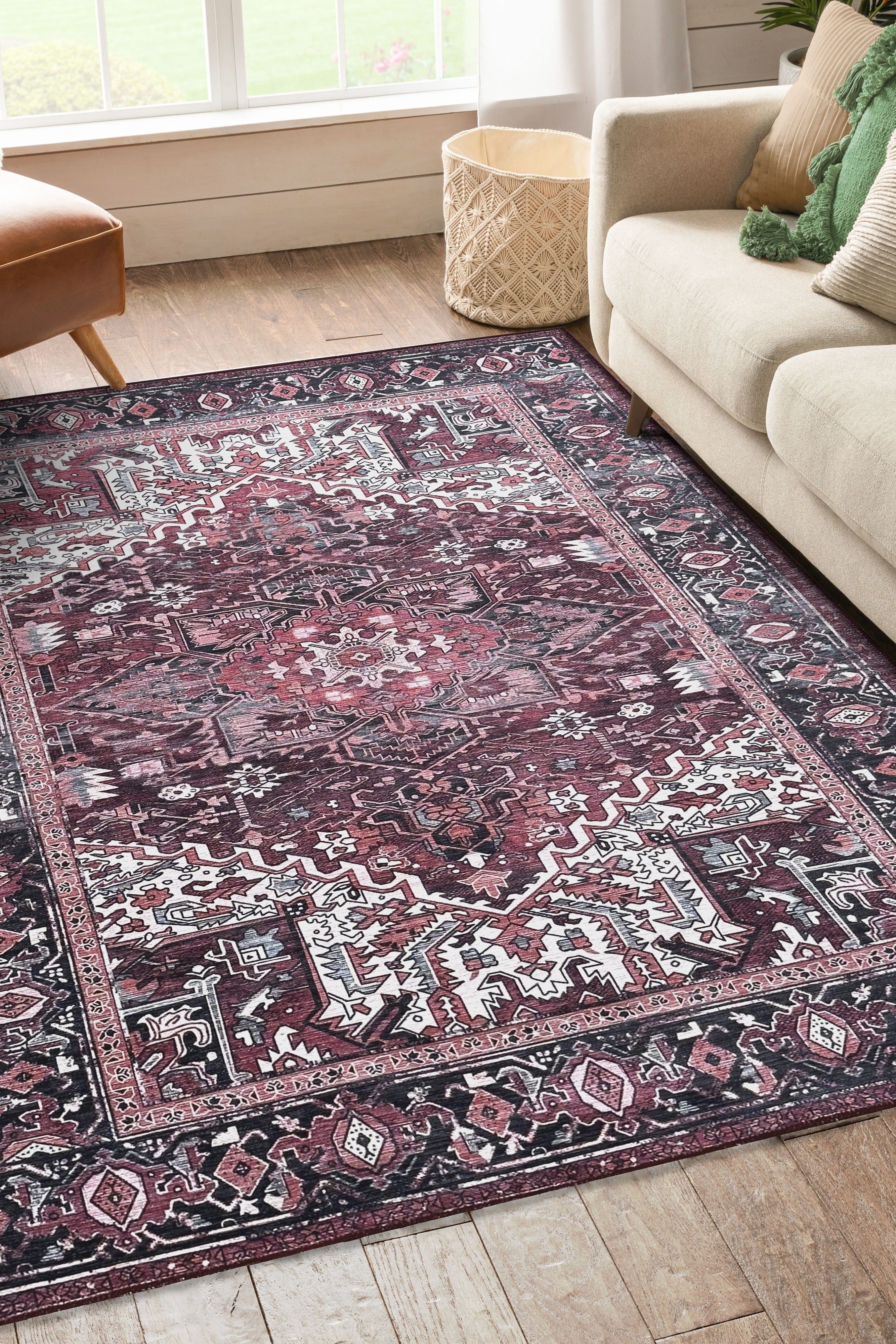 Avla Burgundy Red Floral Heriz Persian Rug